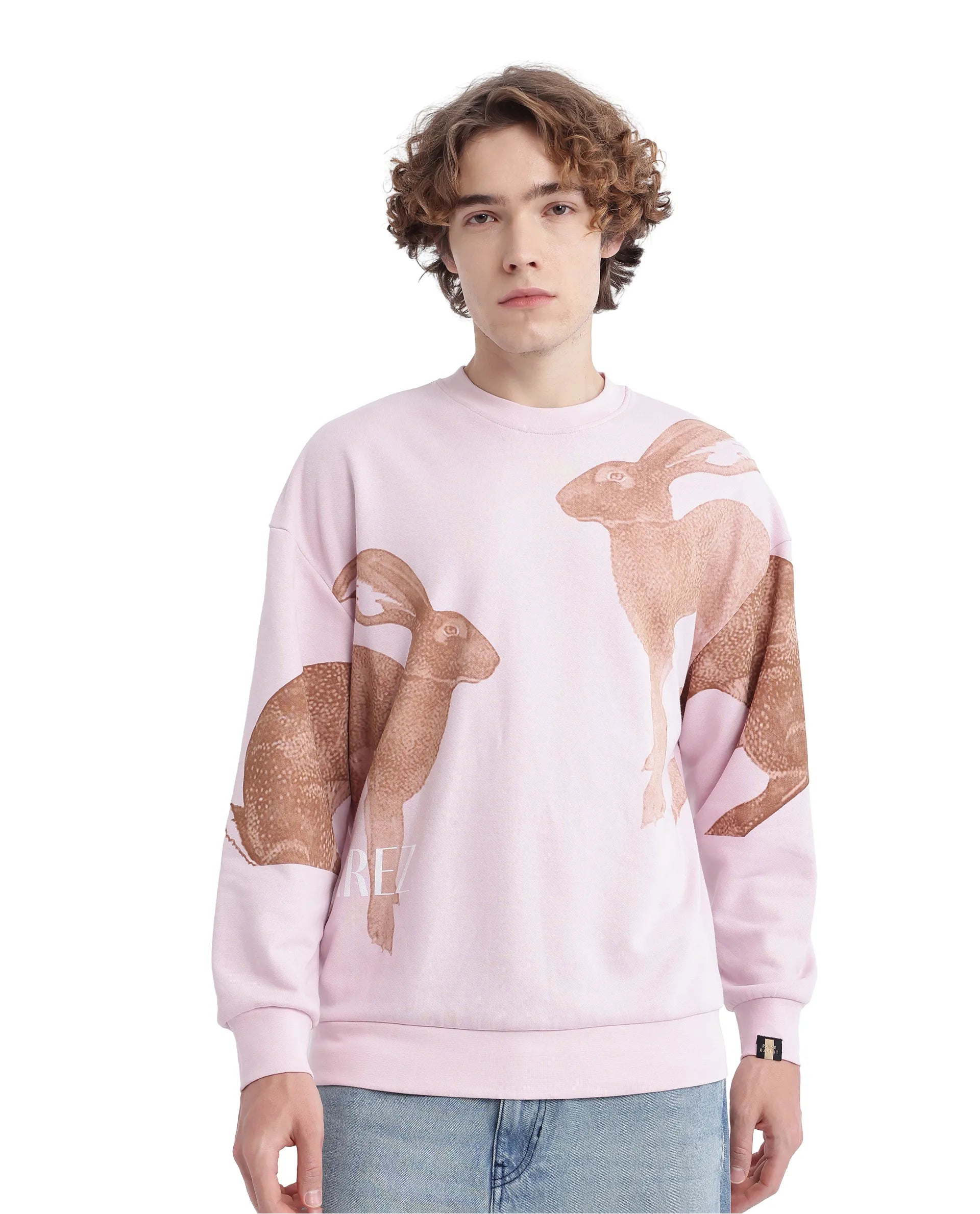 Rare Rabbit Men's Nellei Light Pink Cotton Blend Fabric Full Sleeve Crew Neck Boxy Fit Animal and Typography Print Sweatshirt