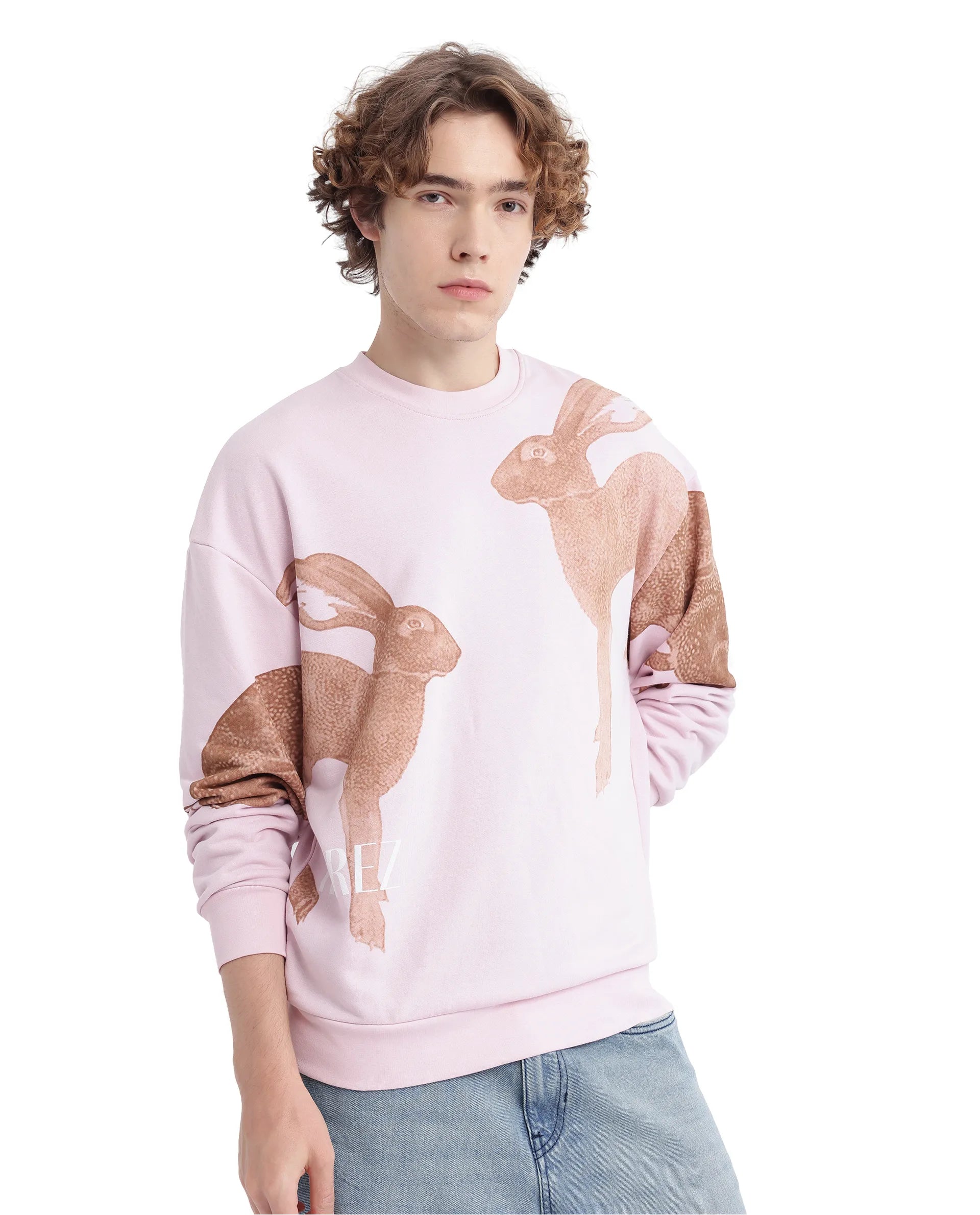 Rare Rabbit Men's Nellei Light Pink Cotton Blend Fabric Full Sleeve Crew Neck Boxy Fit Animal and Typography Print Sweatshirt