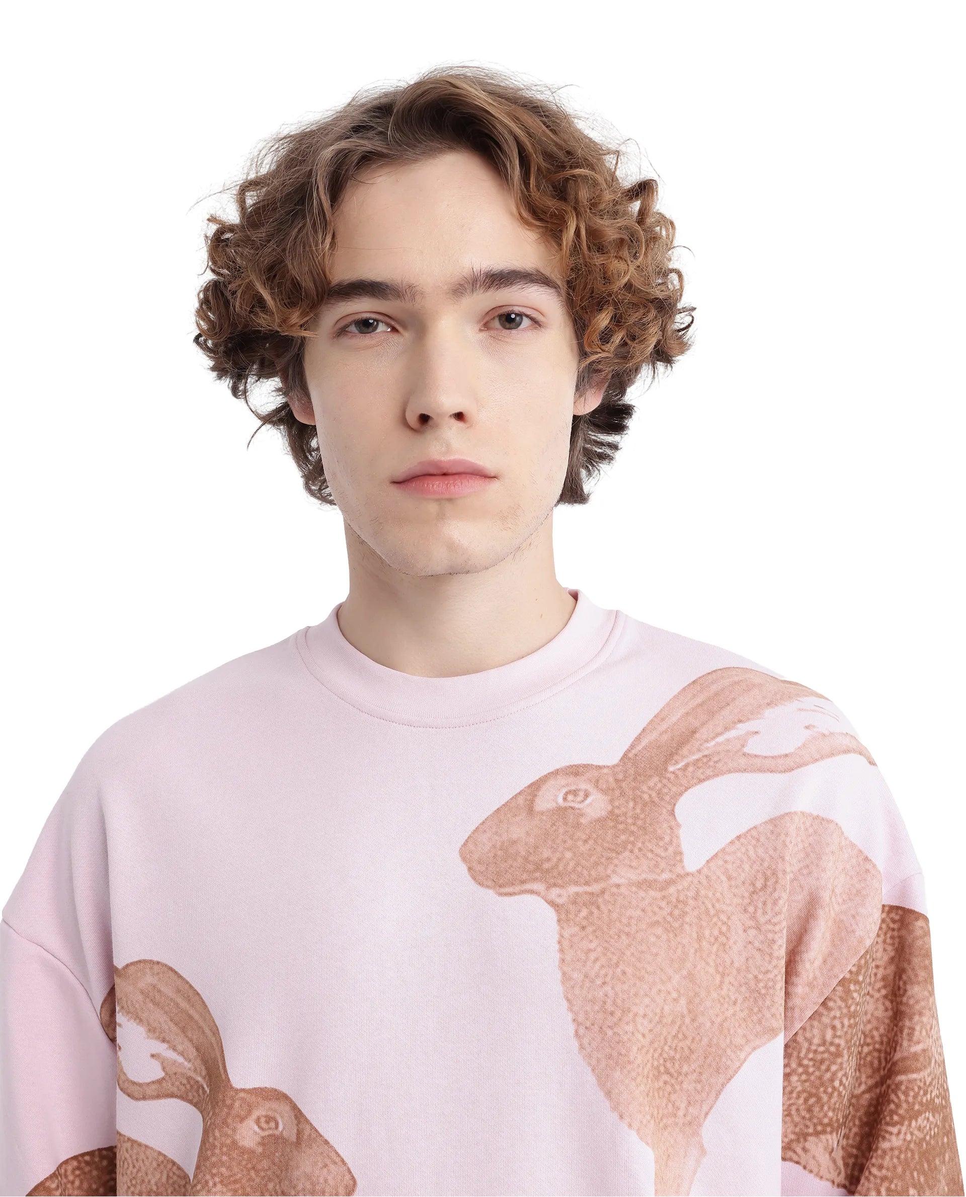 Rare Rabbit Men's Nellei Light Pink Cotton Blend Fabric Full Sleeve Crew Neck Boxy Fit Animal and Typography Print Sweatshirt