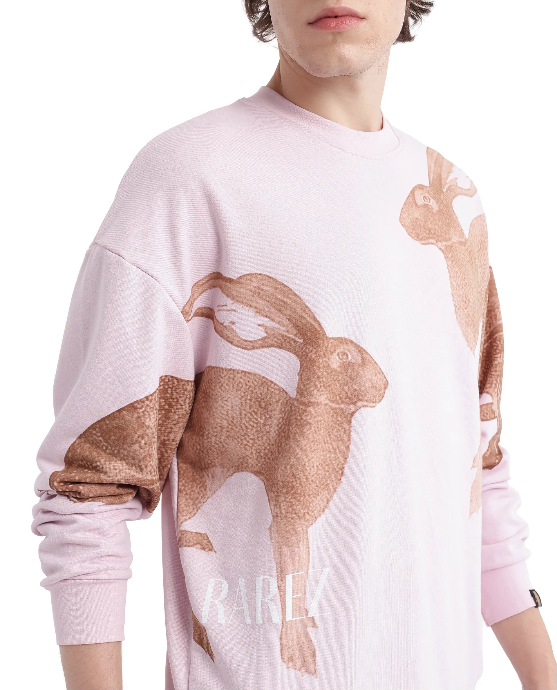 Rare Rabbit Men's Nellei Light Pink Cotton Blend Fabric Full Sleeve Crew Neck Boxy Fit Animal and Typography Print Sweatshirt