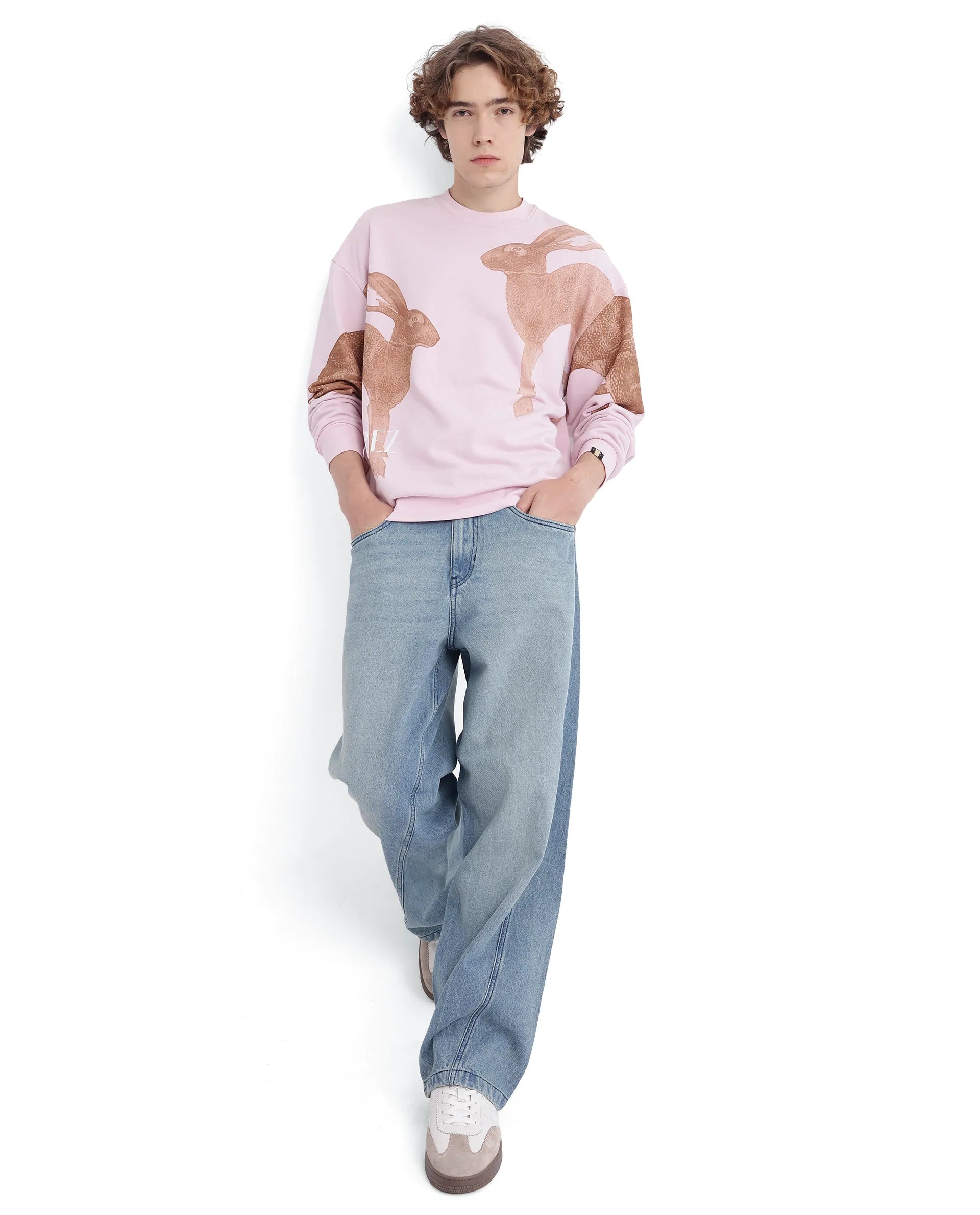 Rare Rabbit Men's Nellei Light Pink Cotton Blend Fabric Full Sleeve Crew Neck Boxy Fit Animal and Typography Print Sweatshirt