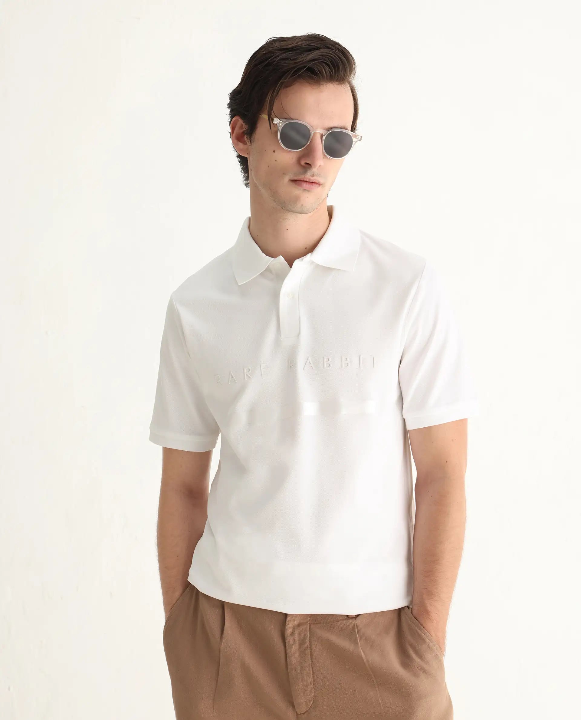 Rare Rabbit Men's Nellit White Cotton Plain Regular Fit Half Sleeve Polo