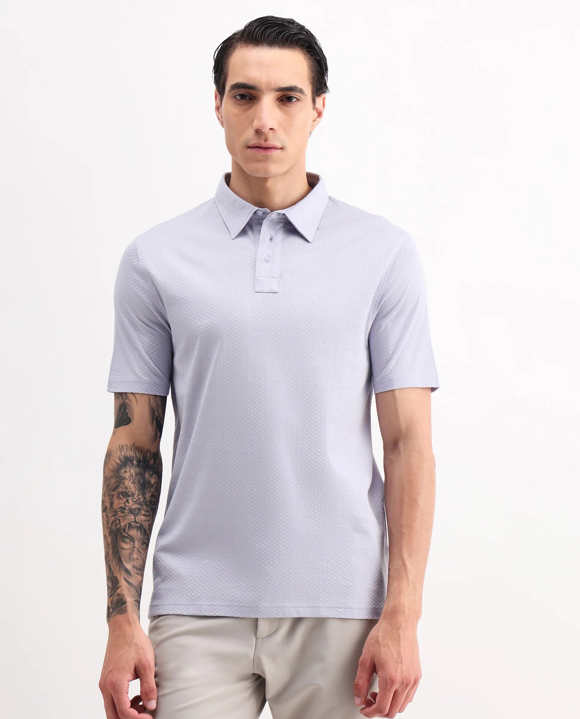 Rare Rabbit Men's Nielson Pastel Blue Cotton Textured Regular Fit Half Sleeve Polo