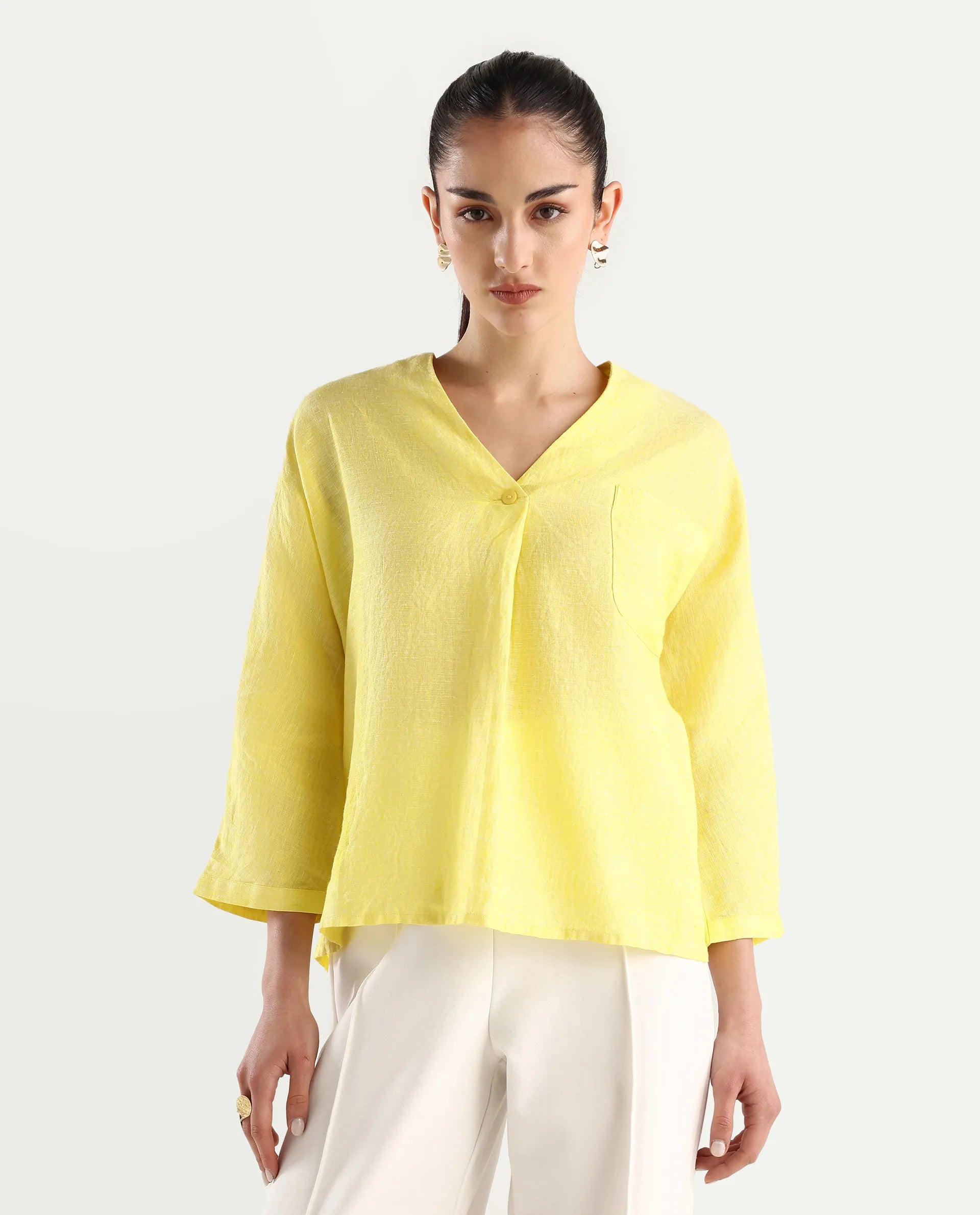 Rareism Women's Nenma Yellow 100% Linen Kimono Sleeve V-Neck Plain Top
