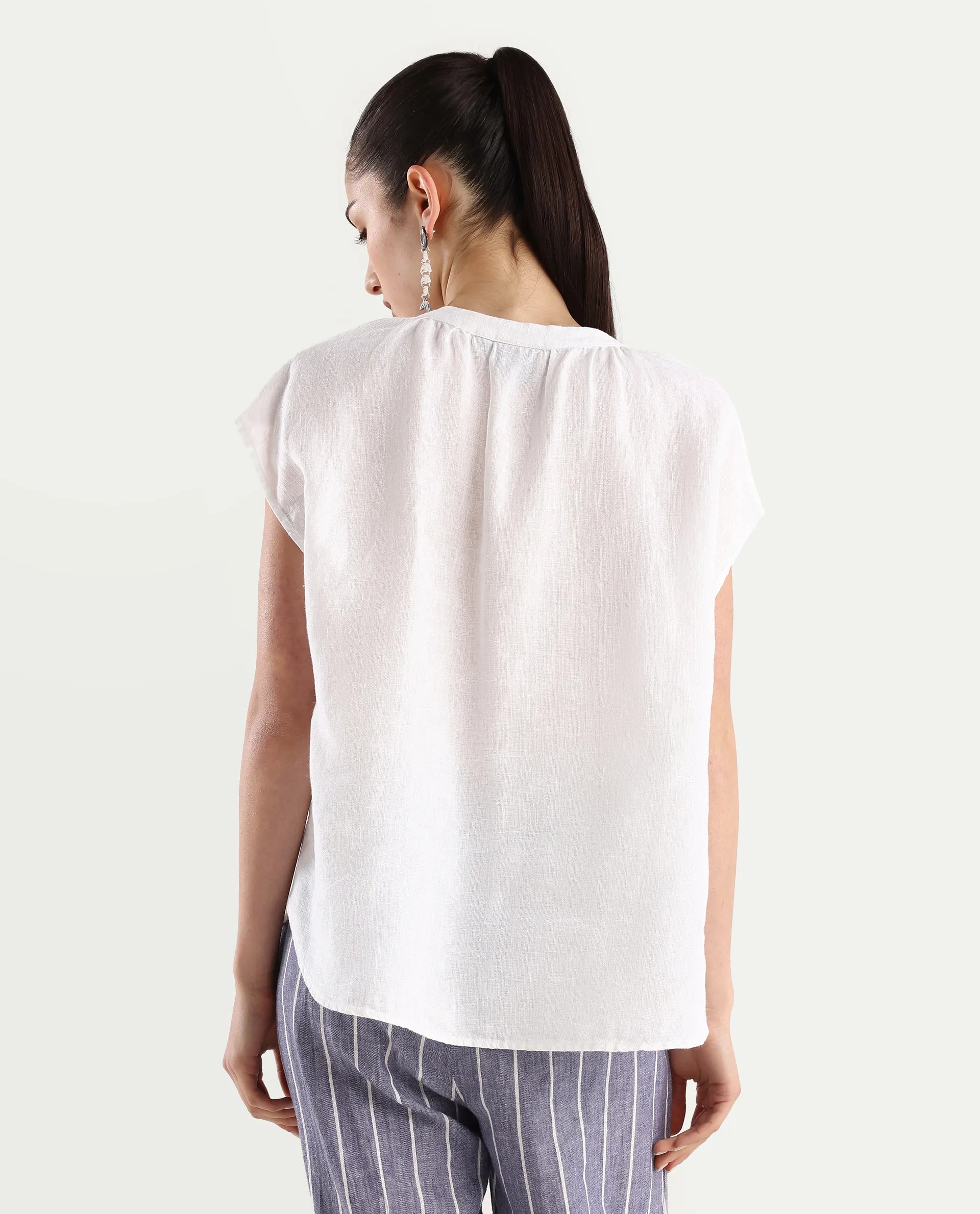Rareism Women's Nenso White 100% Linen Extended Sleeves Mandarin Collar Relaxed Fit Plain Top