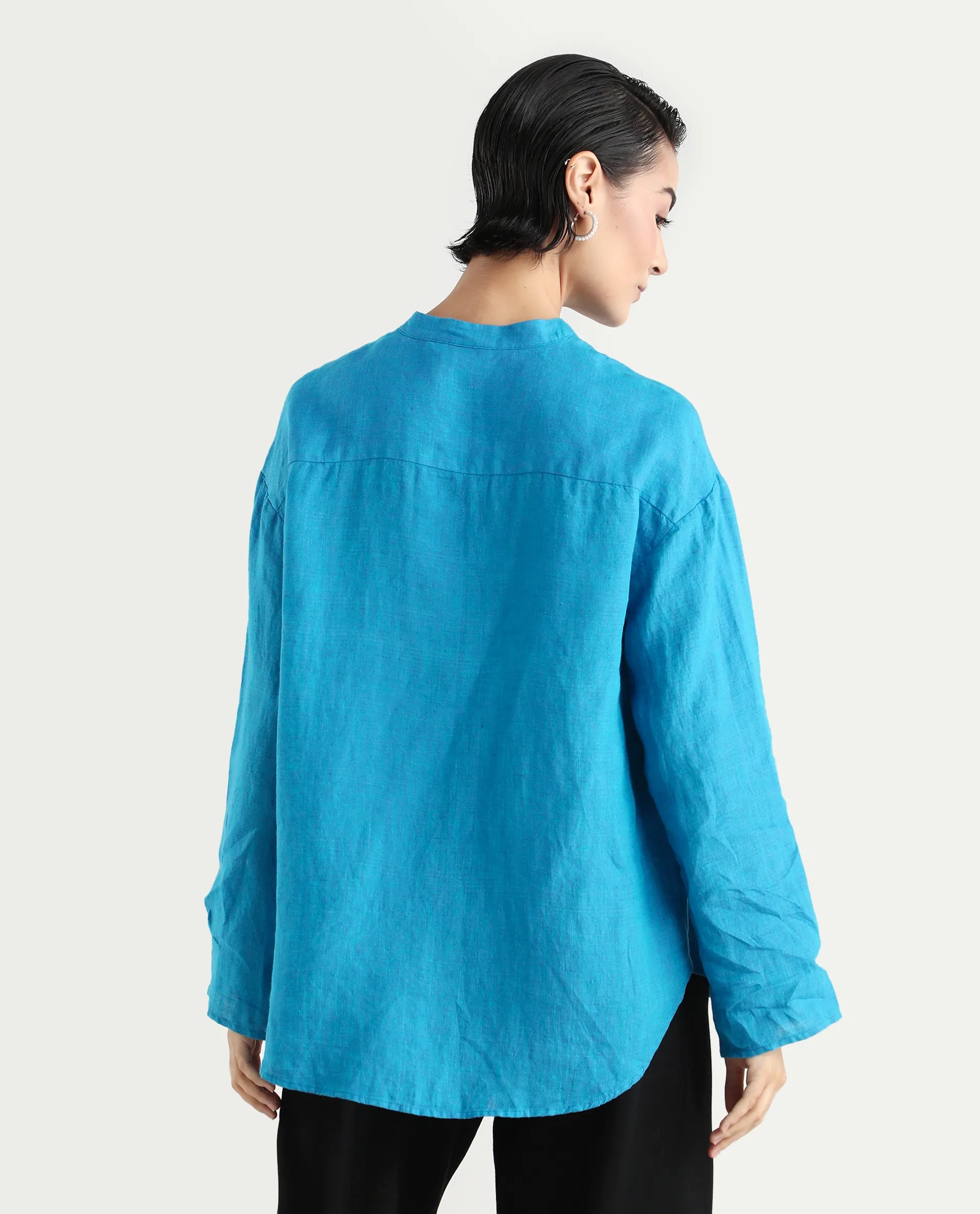 Rareism Women's Nent Blue 100% Linen Mandarin Collar Regular Fit Top