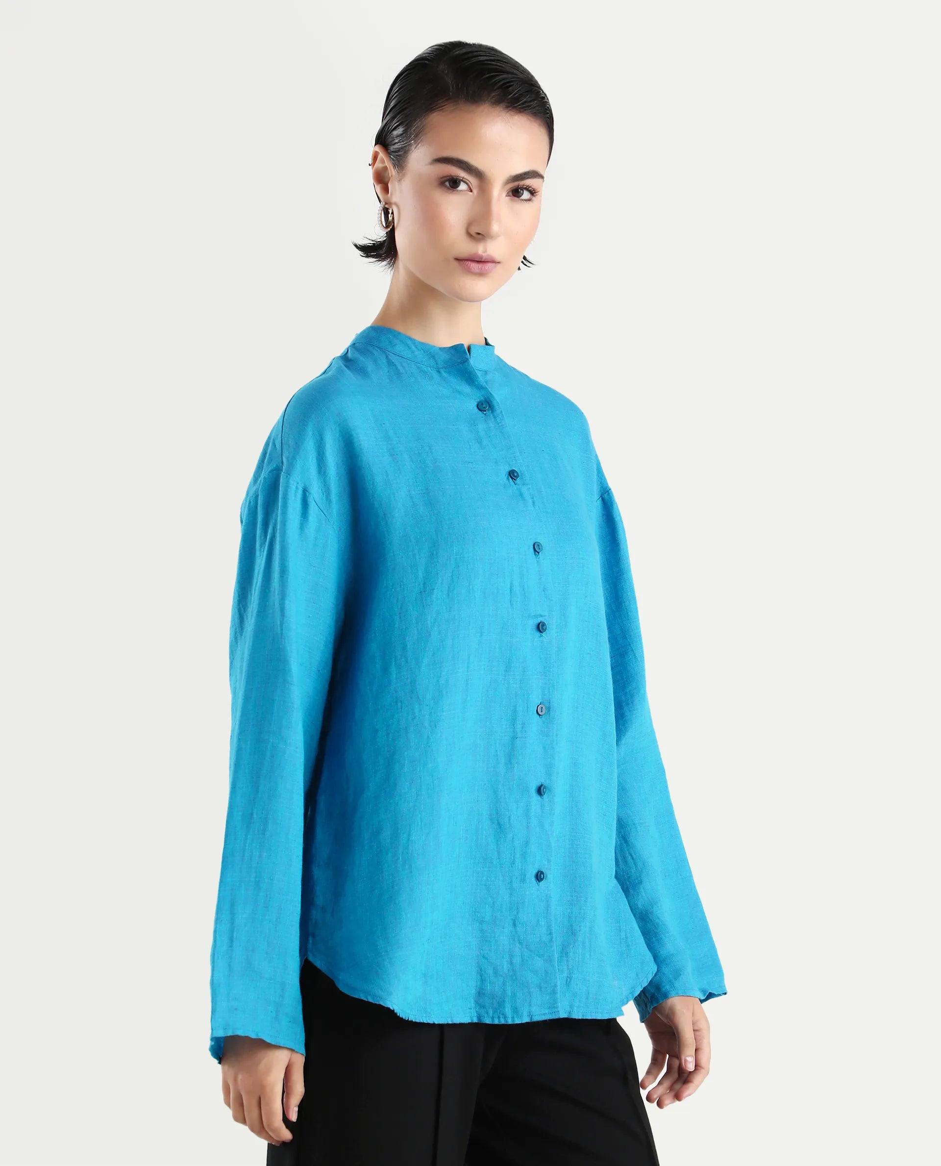 Rareism Women's Nent Blue 100% Linen Mandarin Collar Regular Fit Top