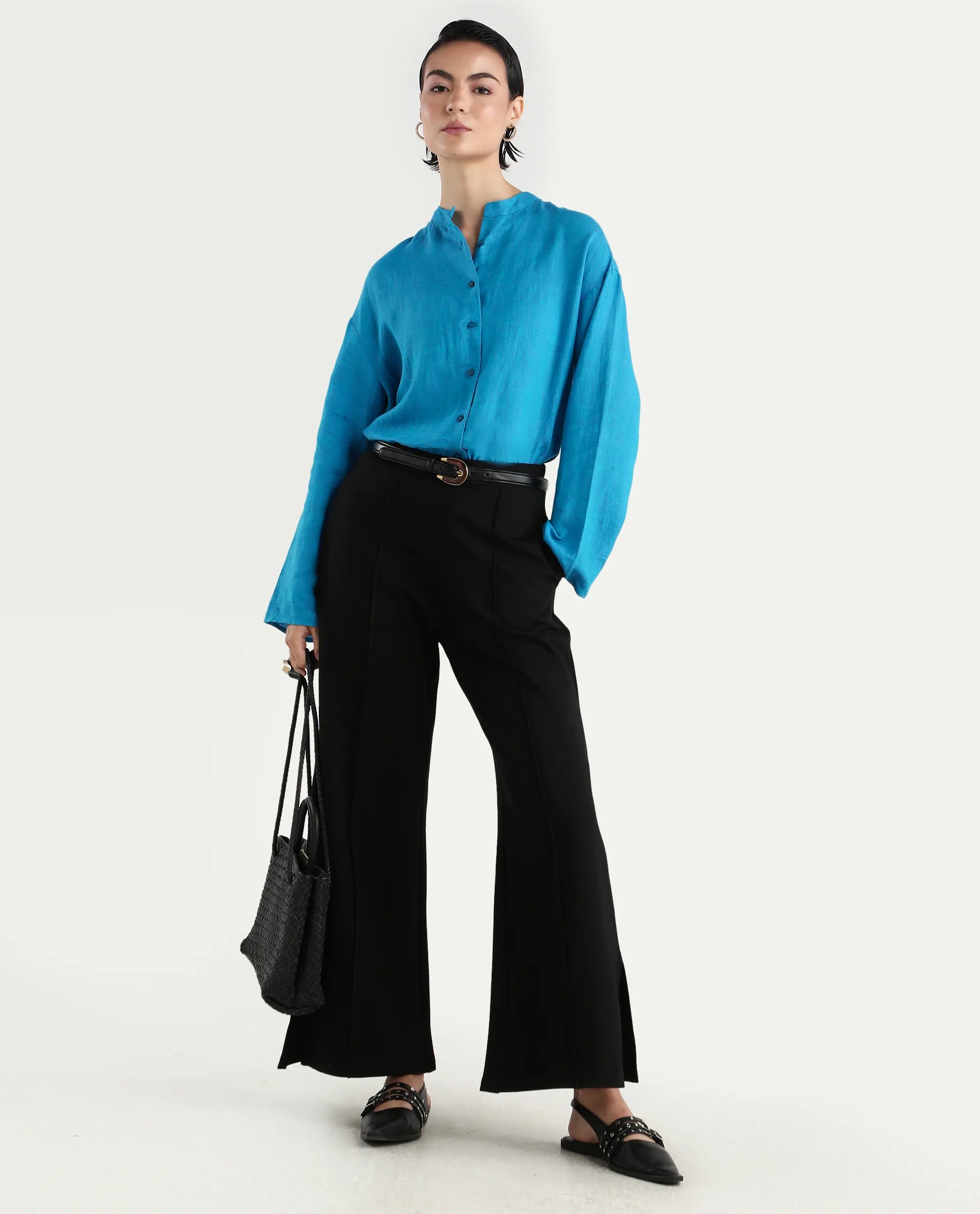 Rareism Women's Nent Blue 100% Linen Mandarin Collar Regular Fit Top