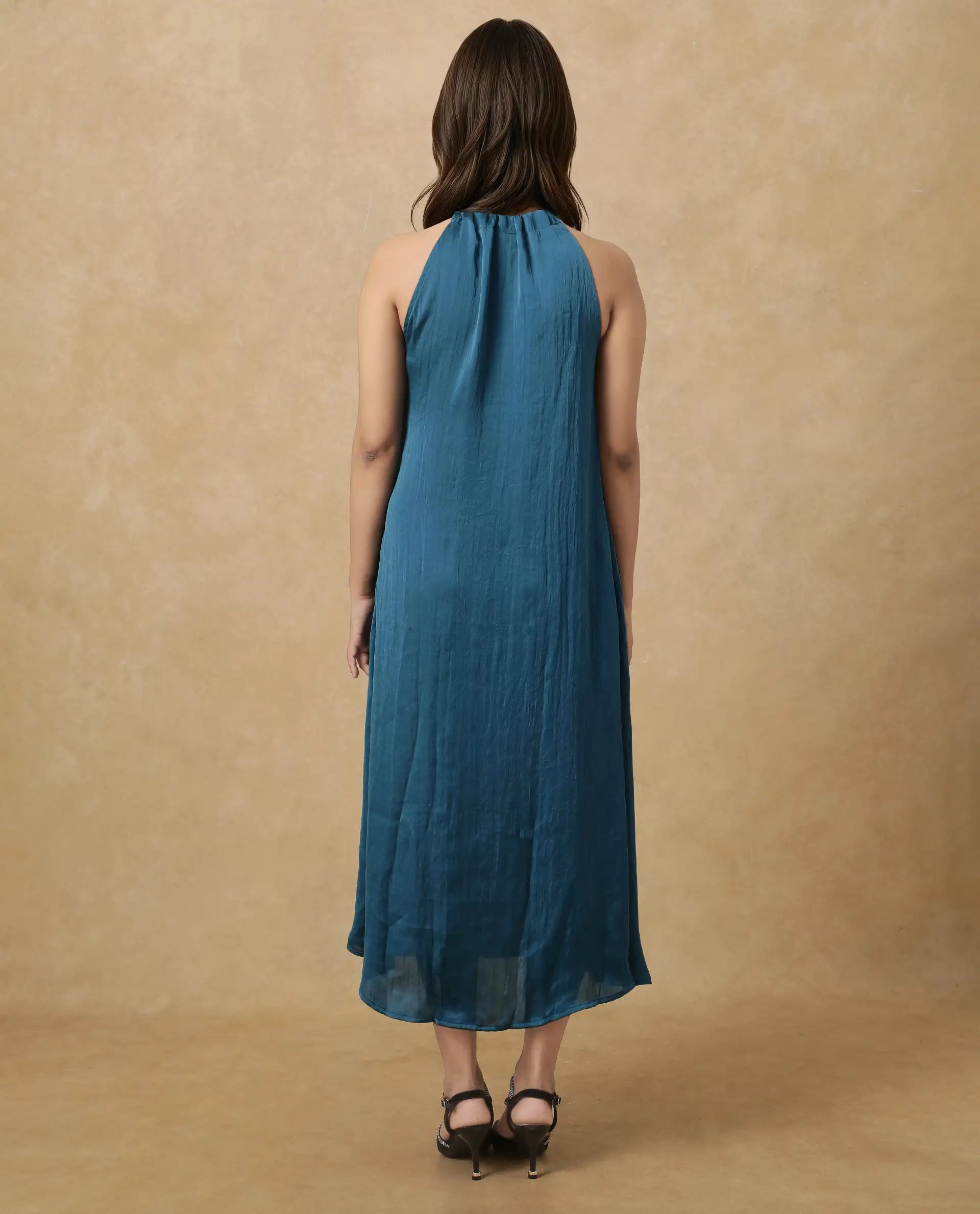 Rareism Women's Neoma Petrol Halter Neck Plain Sleeveless Midi A-Line Dress