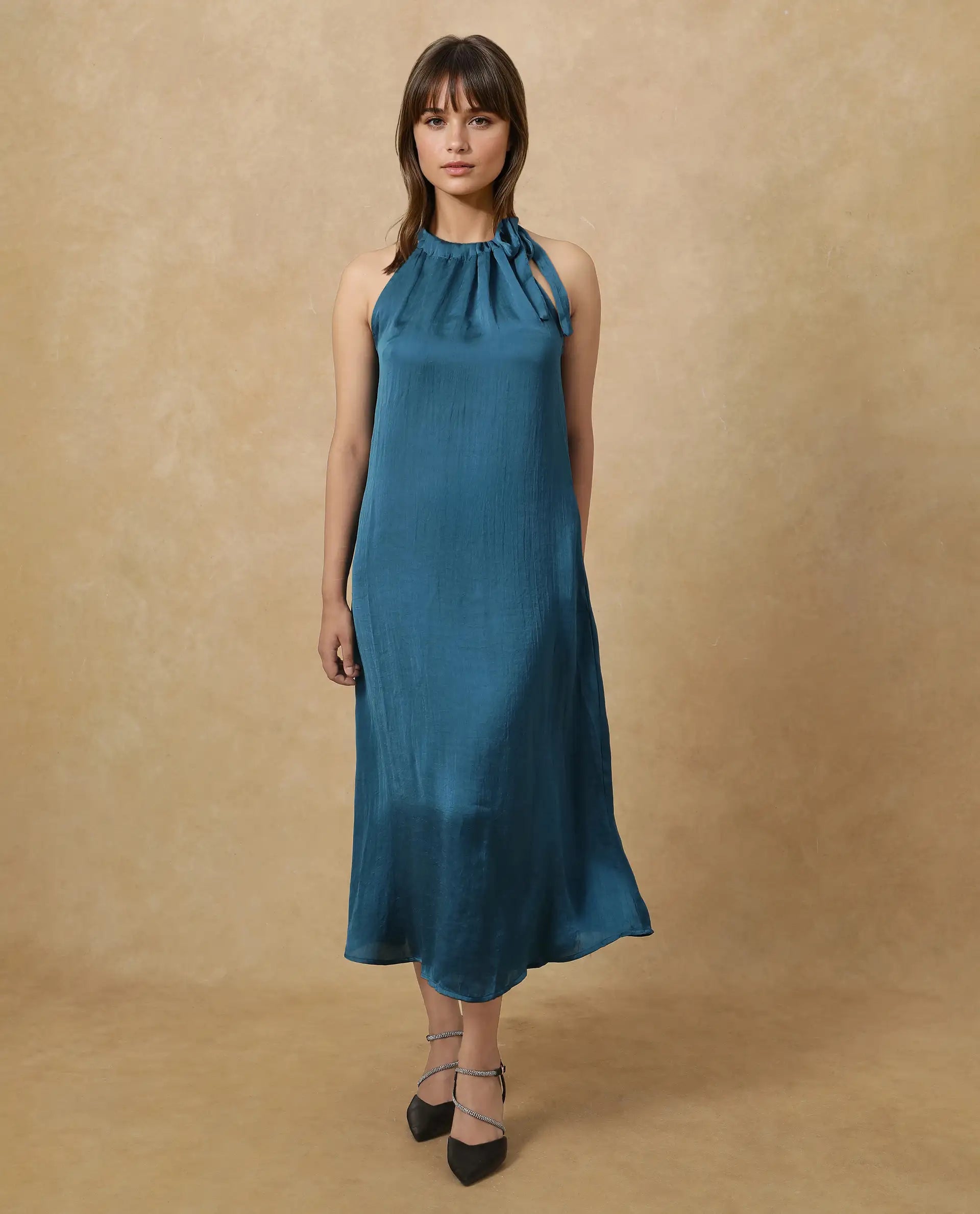 Rareism Women's Neoma Petrol Halter Neck Plain Sleeveless Midi A-Line Dress