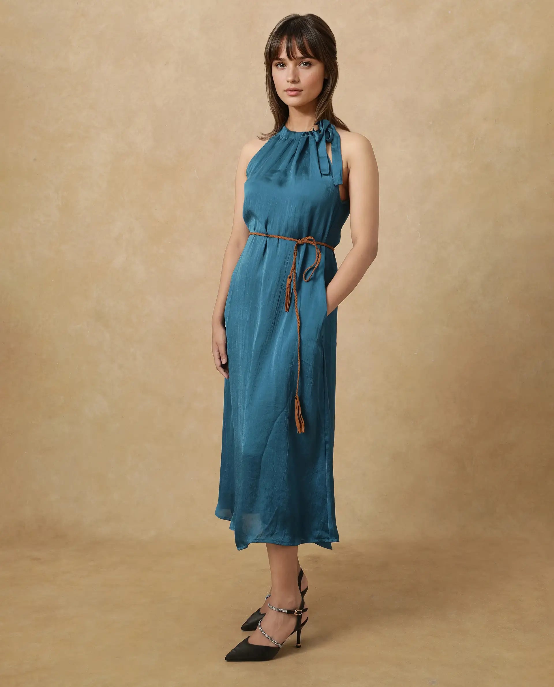 Rareism Women's Neoma Petrol Halter Neck Plain Sleeveless Midi A-Line Dress