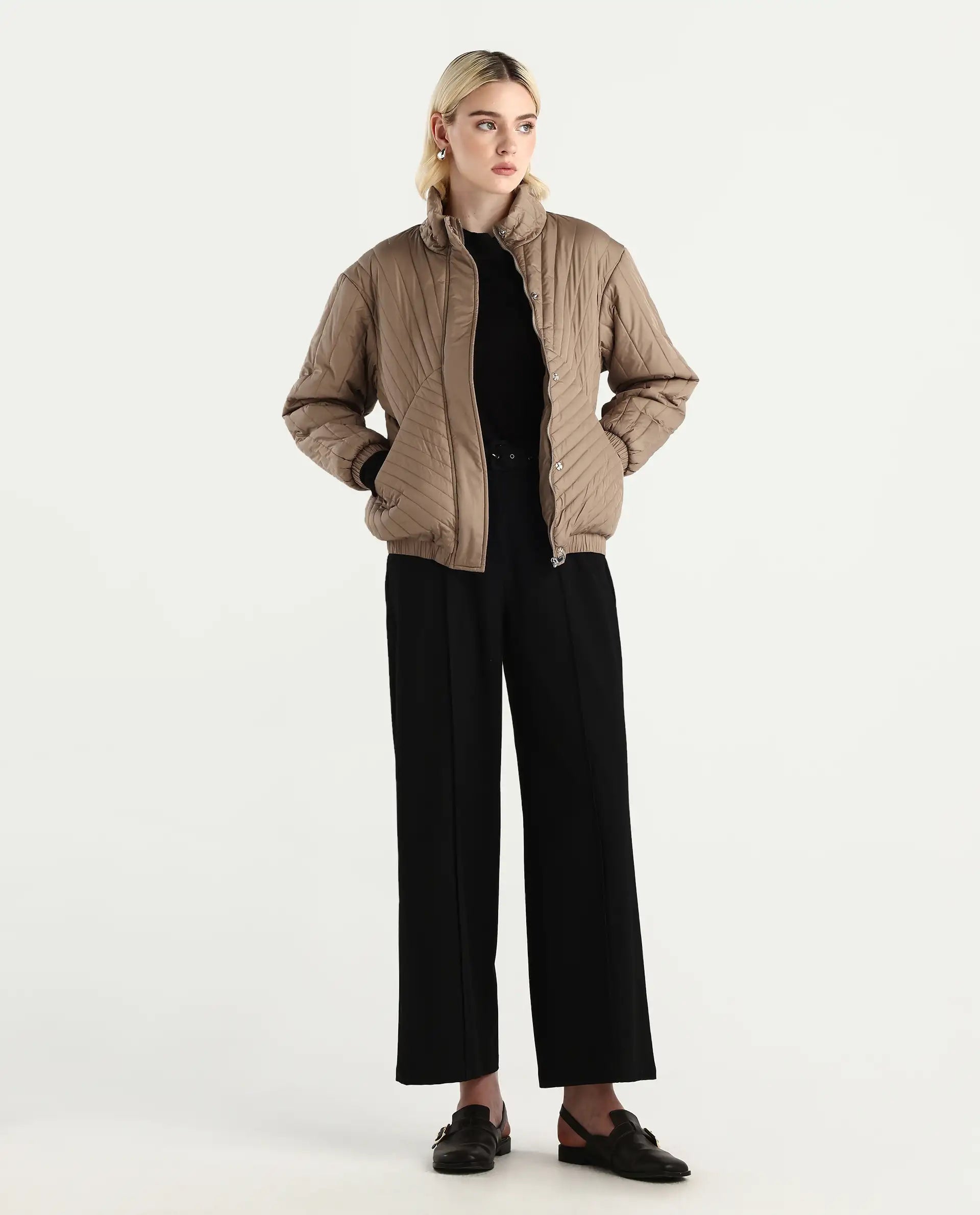 Rareism Women's Nepuf Beige Polyester Regular Sleeve High Neck Regular Fit Plain Jacket