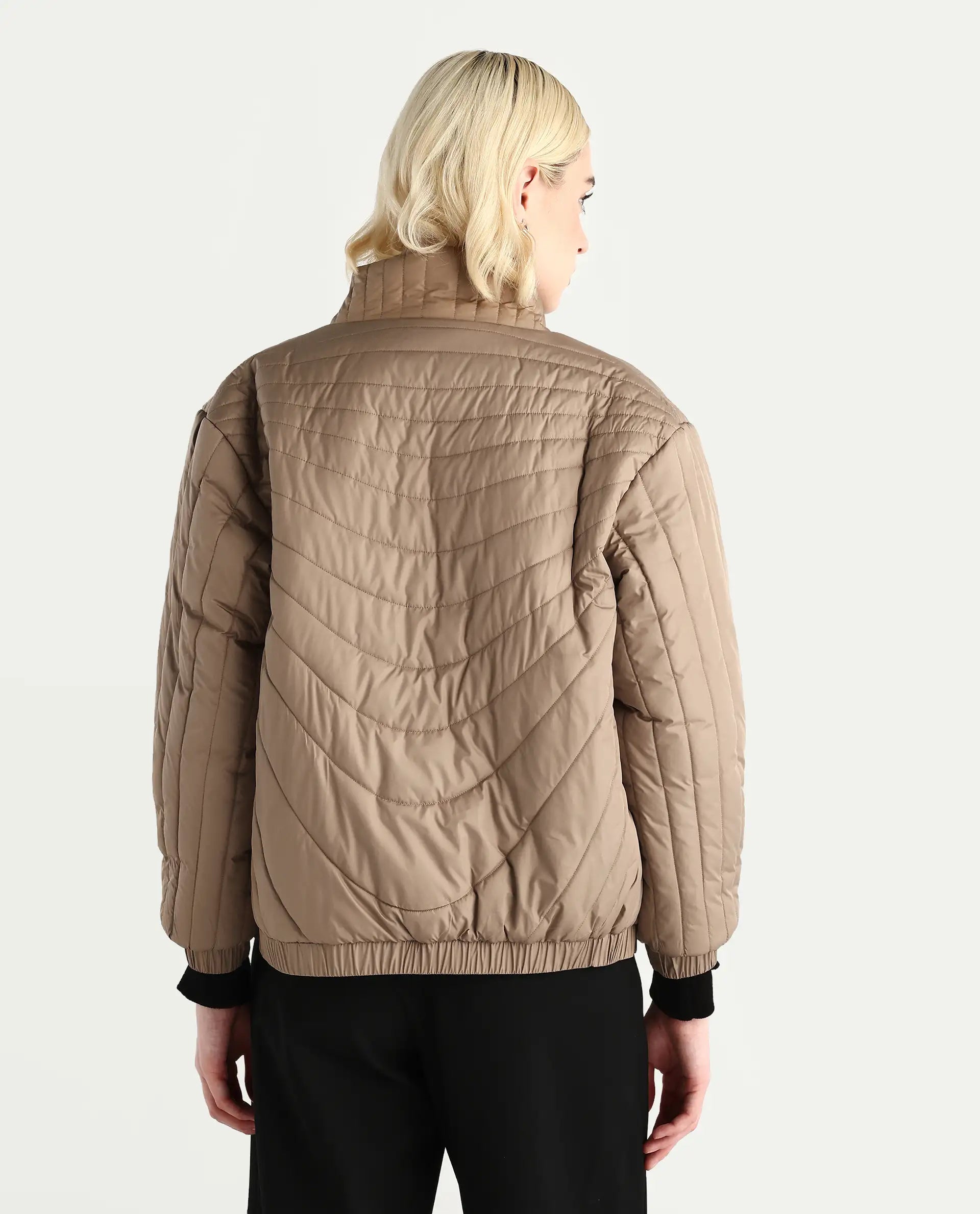 Rareism Women's Nepuf Beige Polyester Regular Sleeve High Neck Regular Fit Plain Jacket