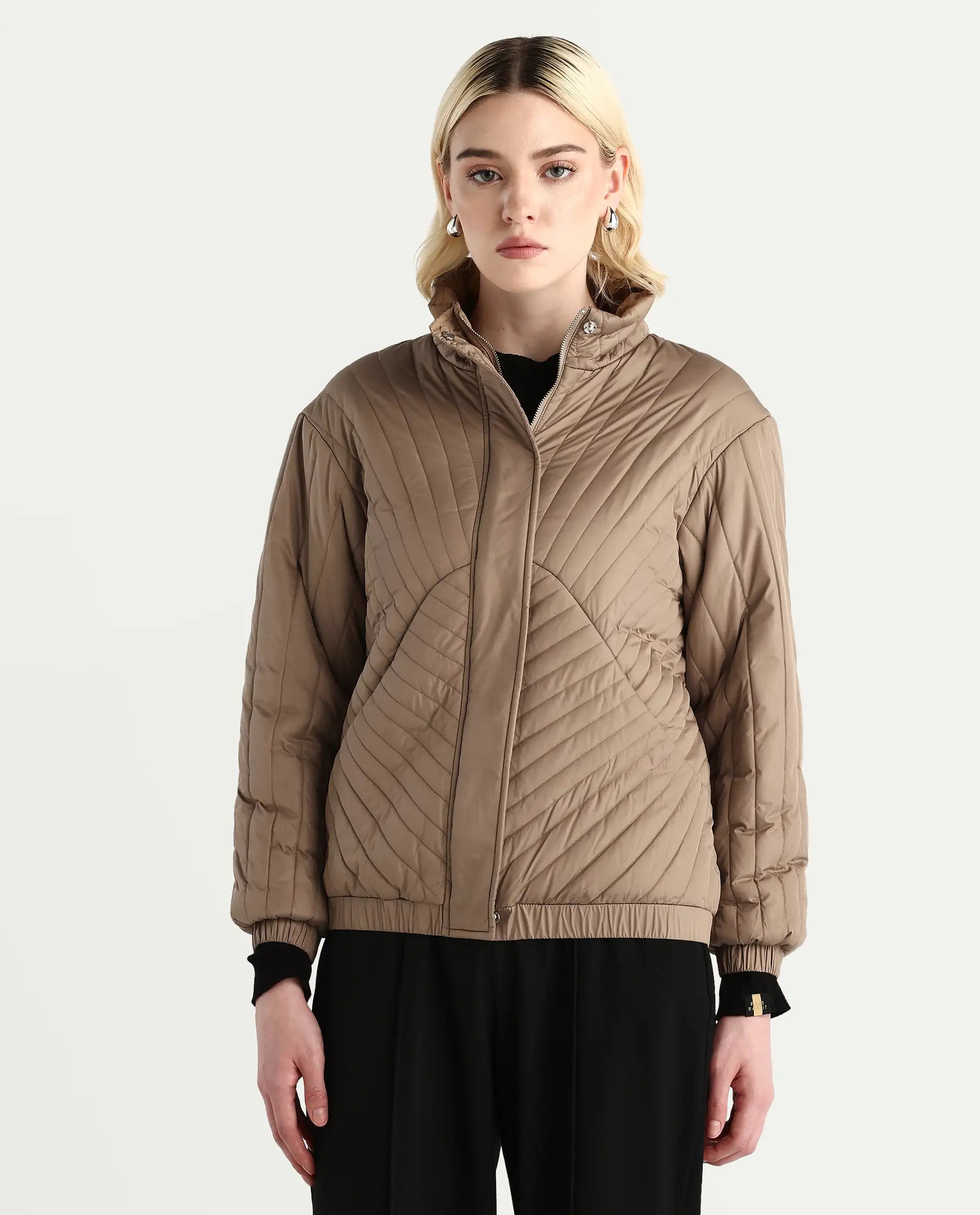 Rareism Women's Nepuf Beige Polyester Regular Sleeve High Neck Regular Fit Plain Jacket