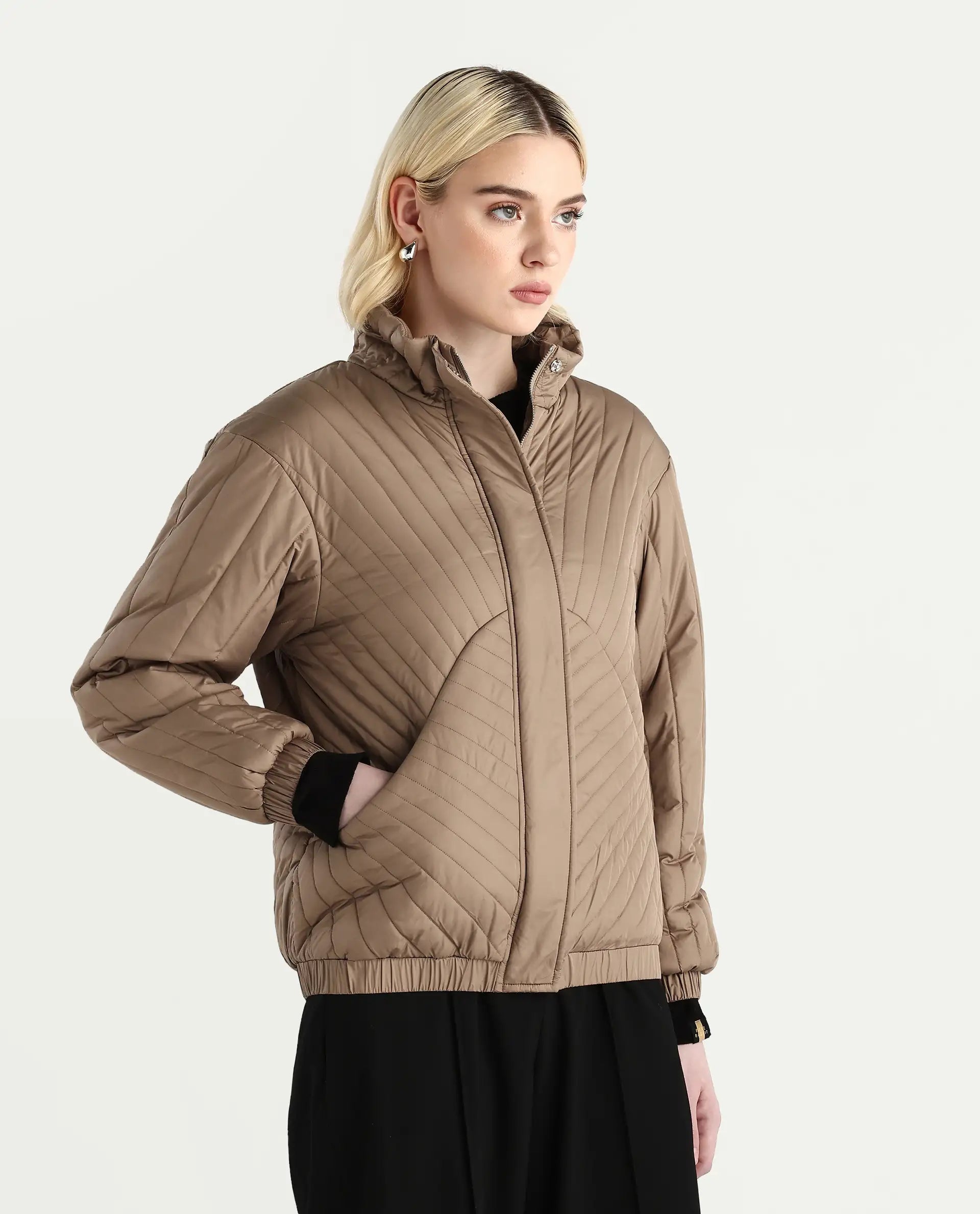Rareism Women's Nepuf Beige Polyester Regular Sleeve High Neck Regular Fit Plain Jacket