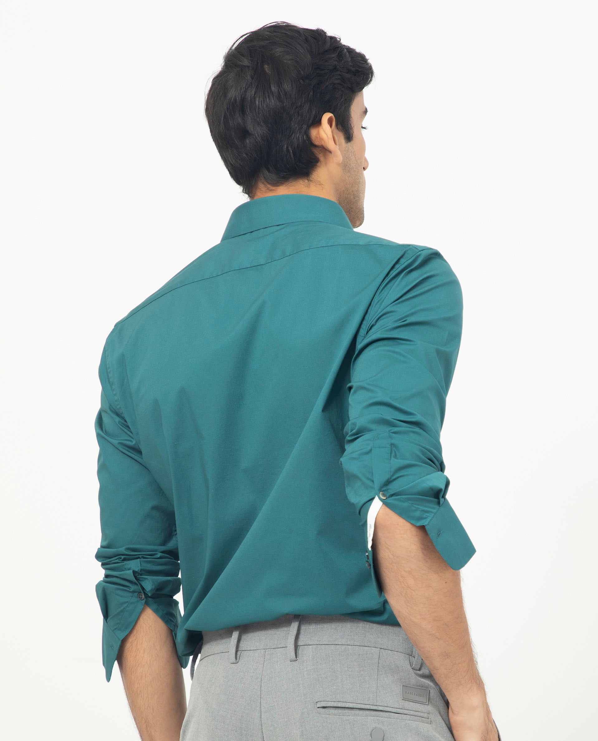 Rare Rabbit Men's Neutons Dark Green Cotton Lycra Fabric Full Sleeves Solid Shirt