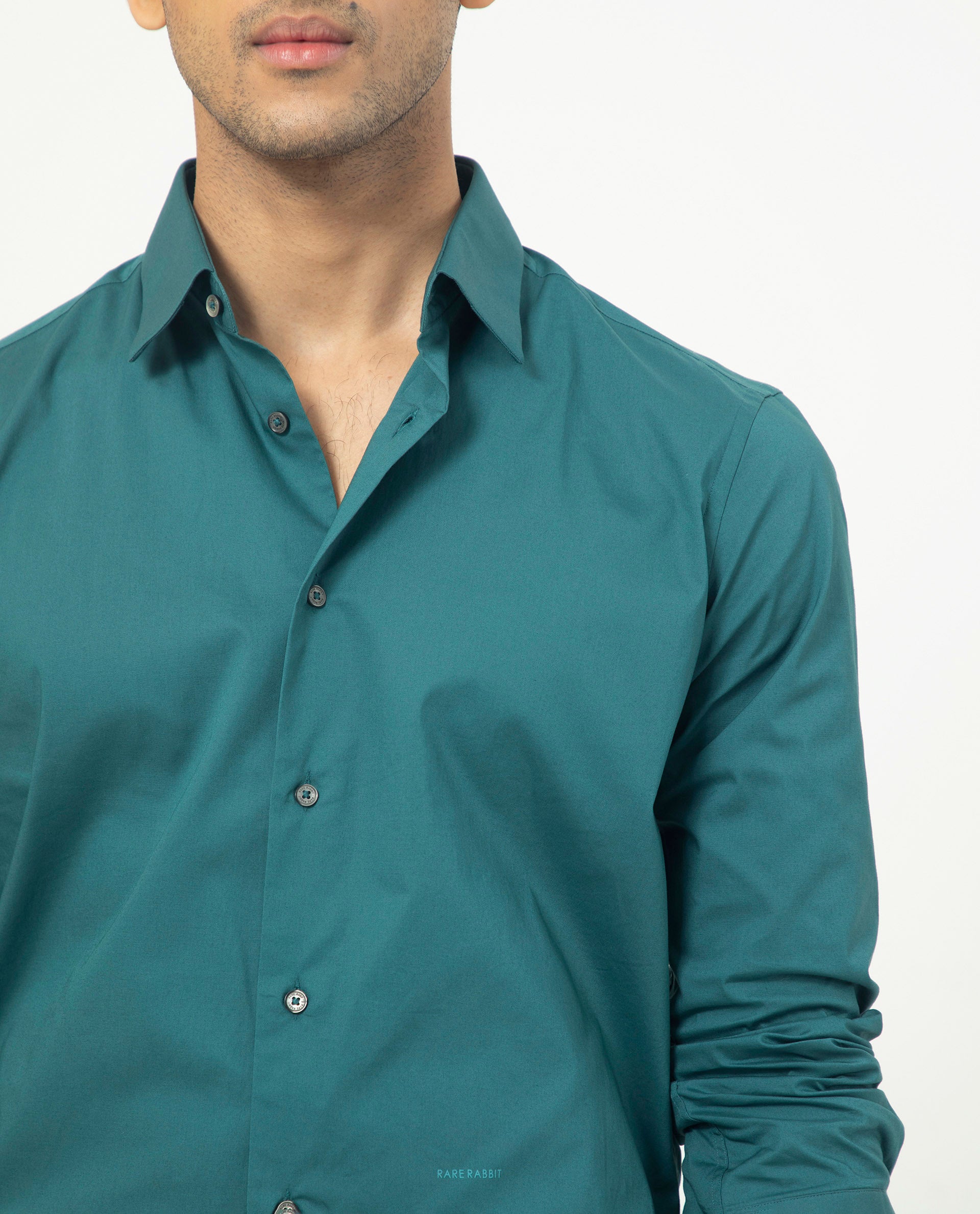 Rare Rabbit Men's Neutons Dark Green Cotton Lycra Fabric Full Sleeves Solid Shirt