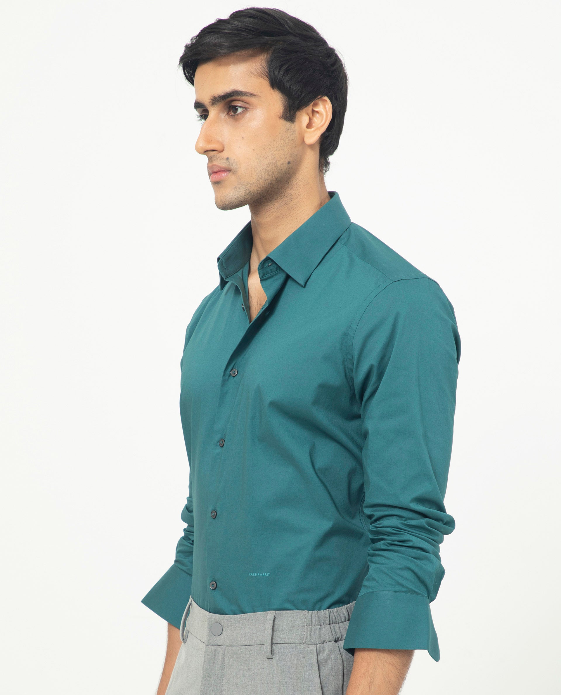 Rare Rabbit Men's Neutons Dark Green Cotton Lycra Fabric Full Sleeves Solid Shirt