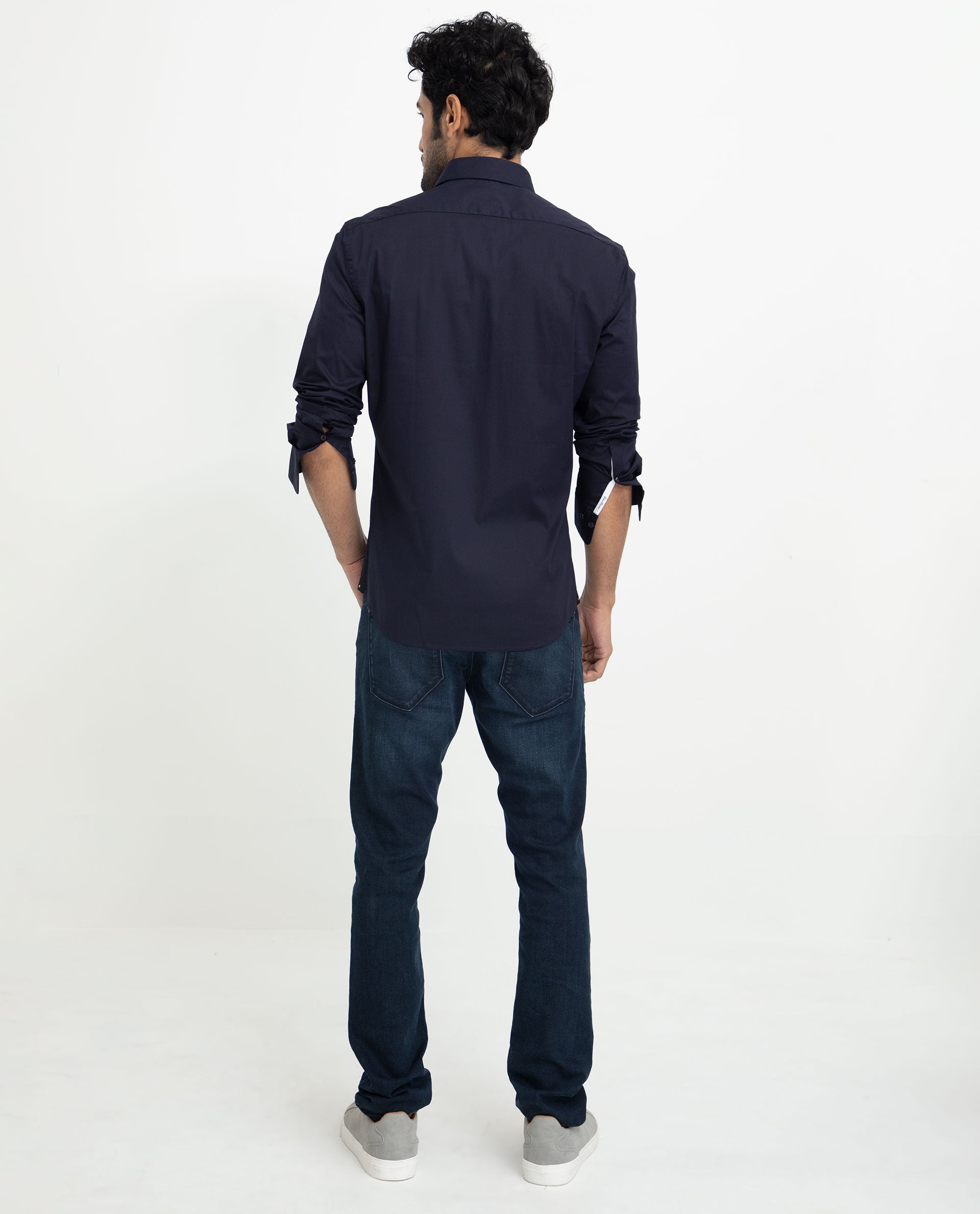 Rare Rabbit Men's Neutons Navy Cotton Lycra Fabric Full Sleeves Solid Shirt