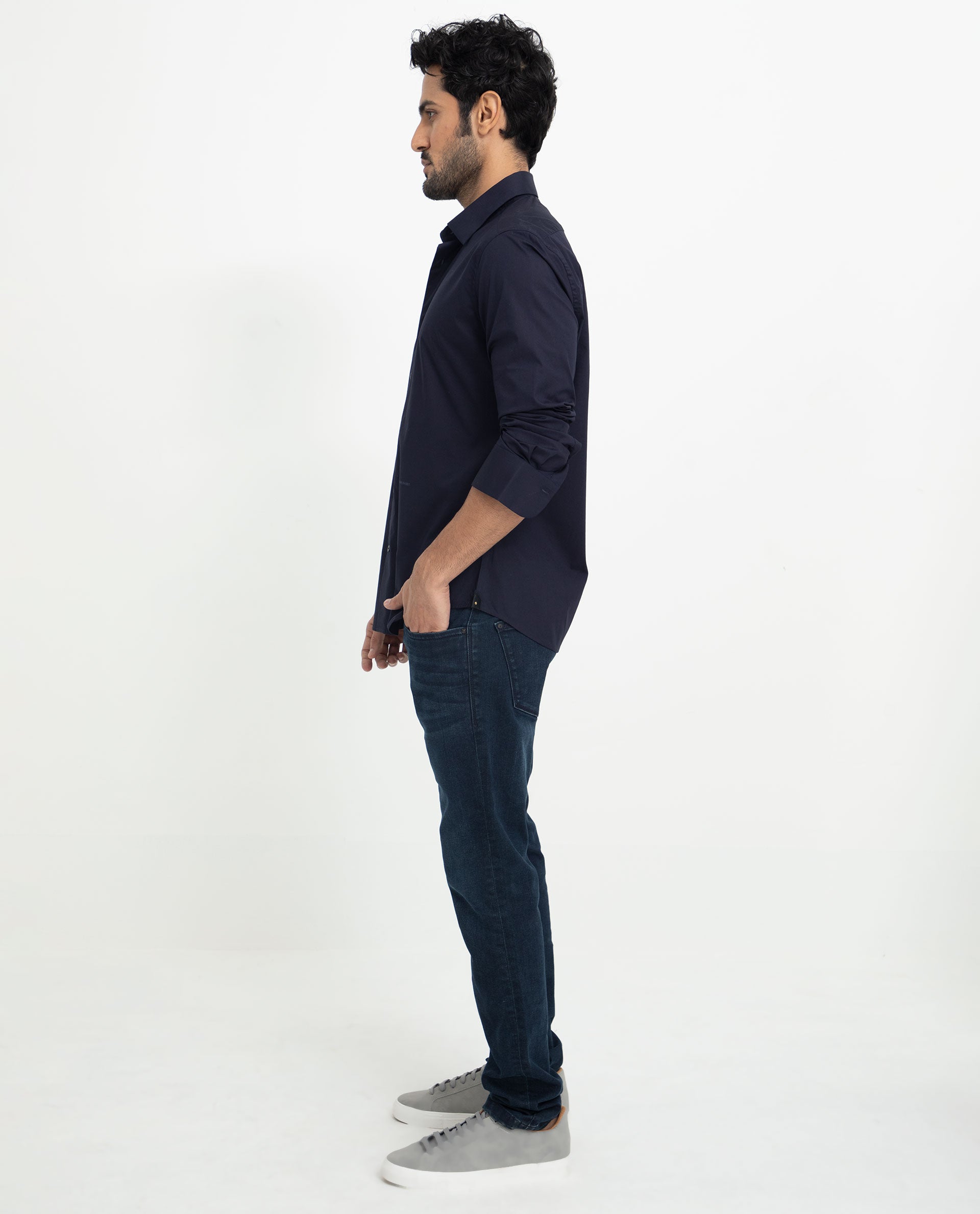 Rare Rabbit Men's Neutons Navy Cotton Lycra Fabric Full Sleeves Solid Shirt