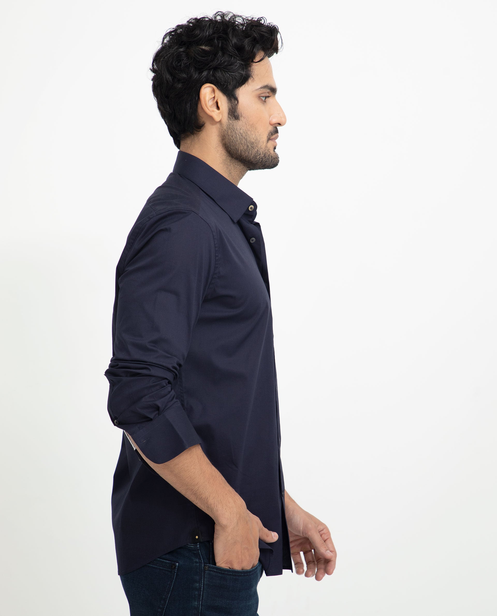 Rare Rabbit Men's Neutons Navy Cotton Lycra Fabric Full Sleeves Solid Shirt