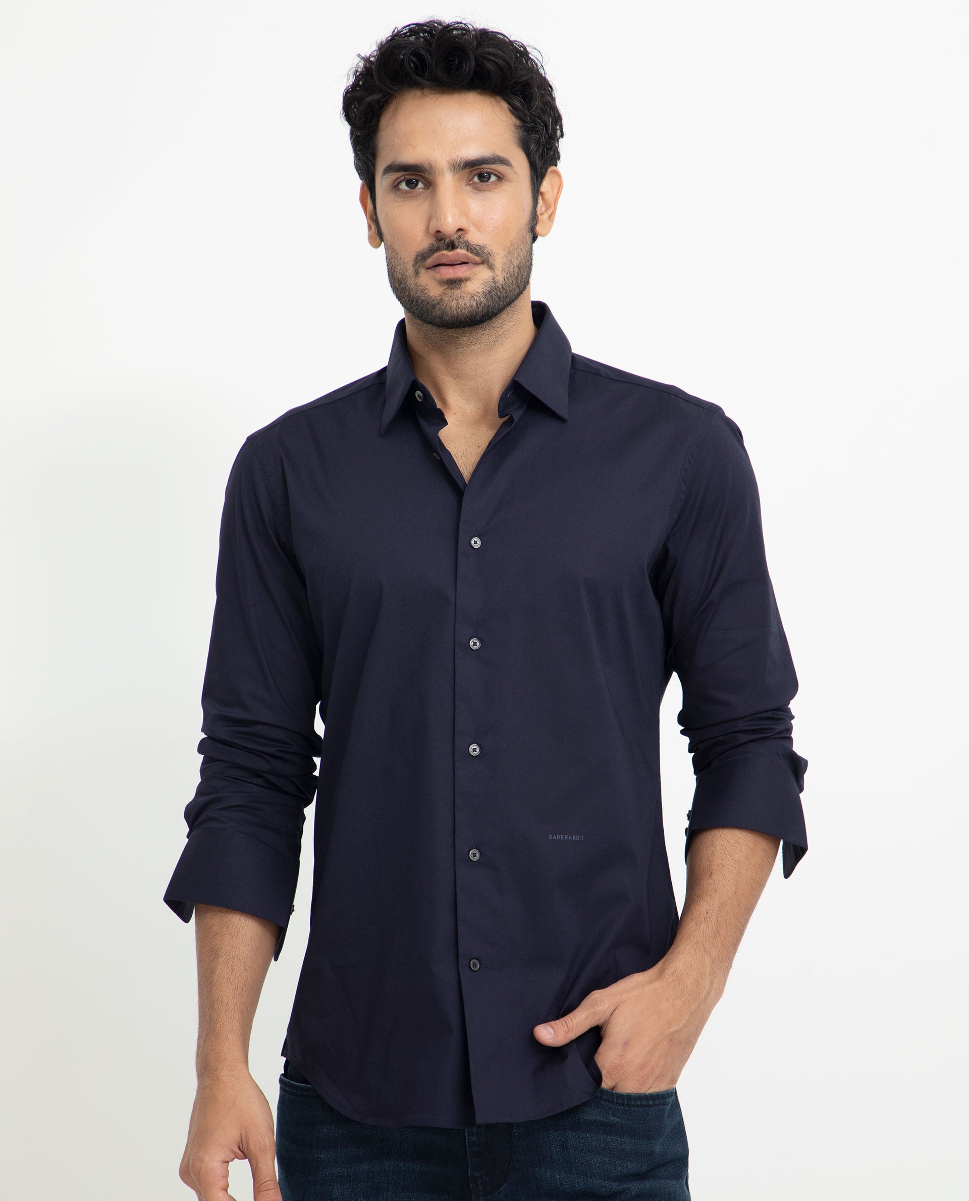 Rare Rabbit Men's Neutons Navy Cotton Lycra Fabric Full Sleeves Solid Shirt