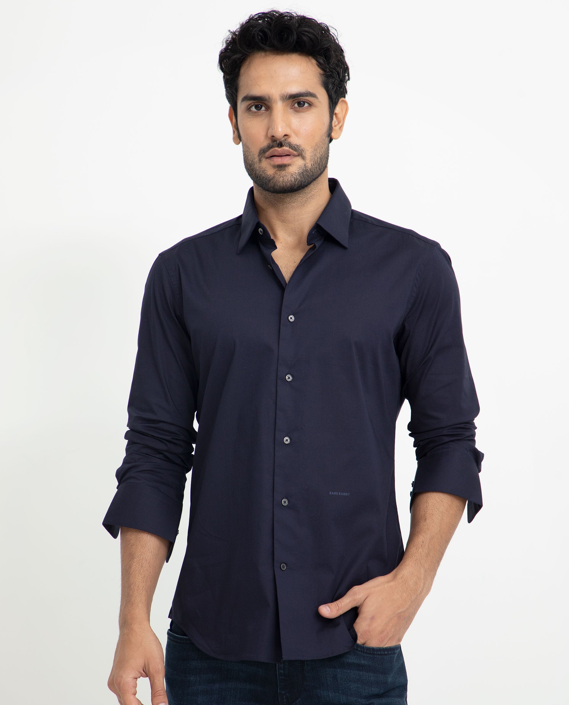 Rare Rabbit Men's Neutons Navy Cotton Lycra Fabric Full Sleeves Solid Shirt