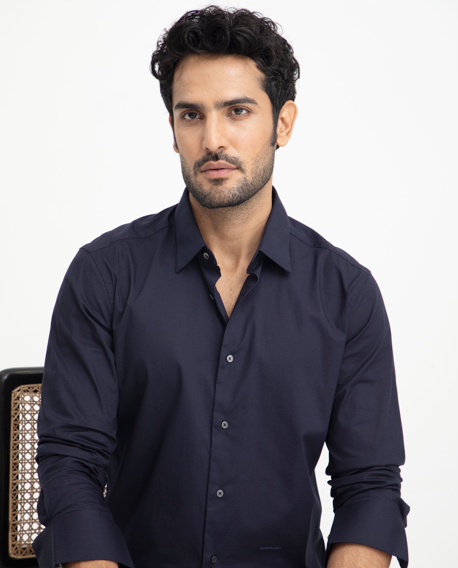 Rare Rabbit Men's Neutons Navy Cotton Lycra Fabric Full Sleeves Solid Shirt