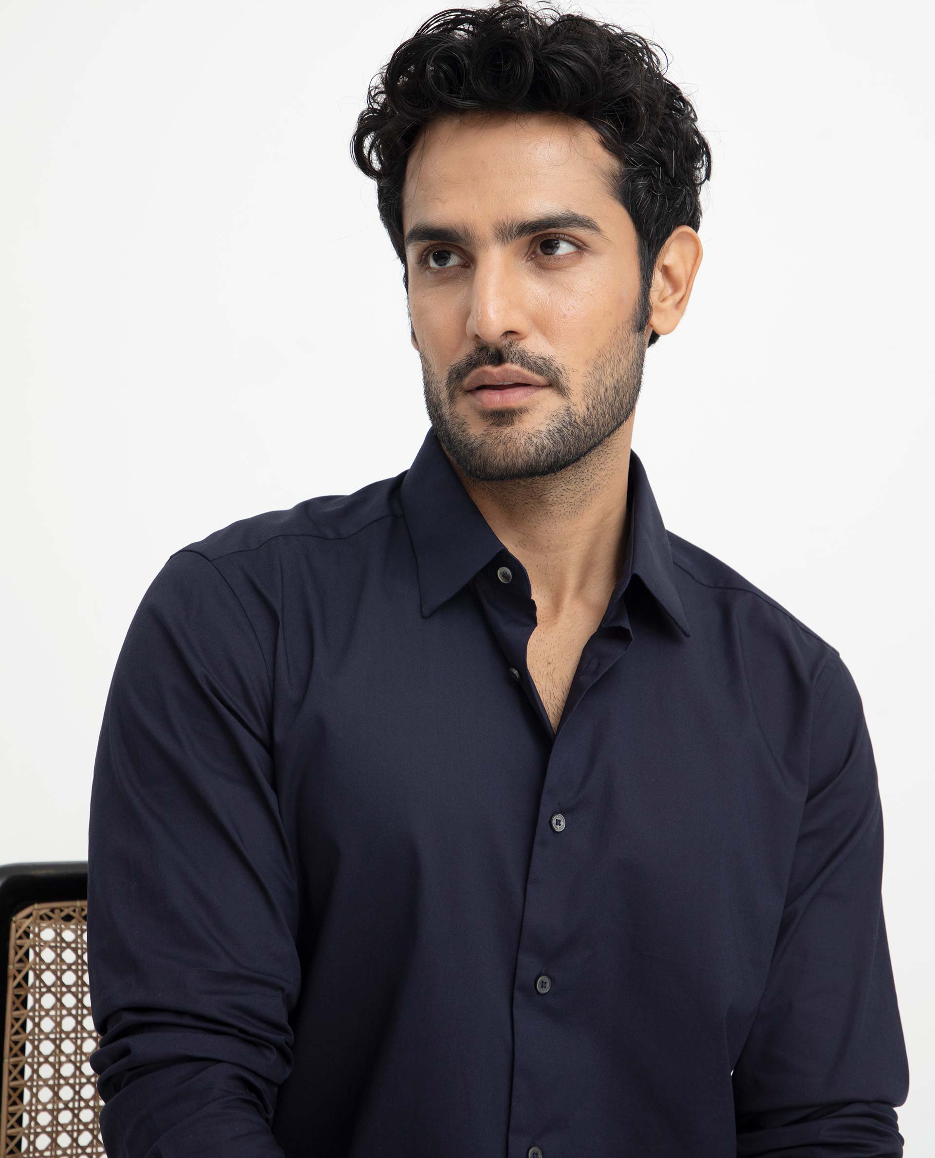 Rare Rabbit Men's Neutons Navy Cotton Lycra Fabric Full Sleeves Solid Shirt