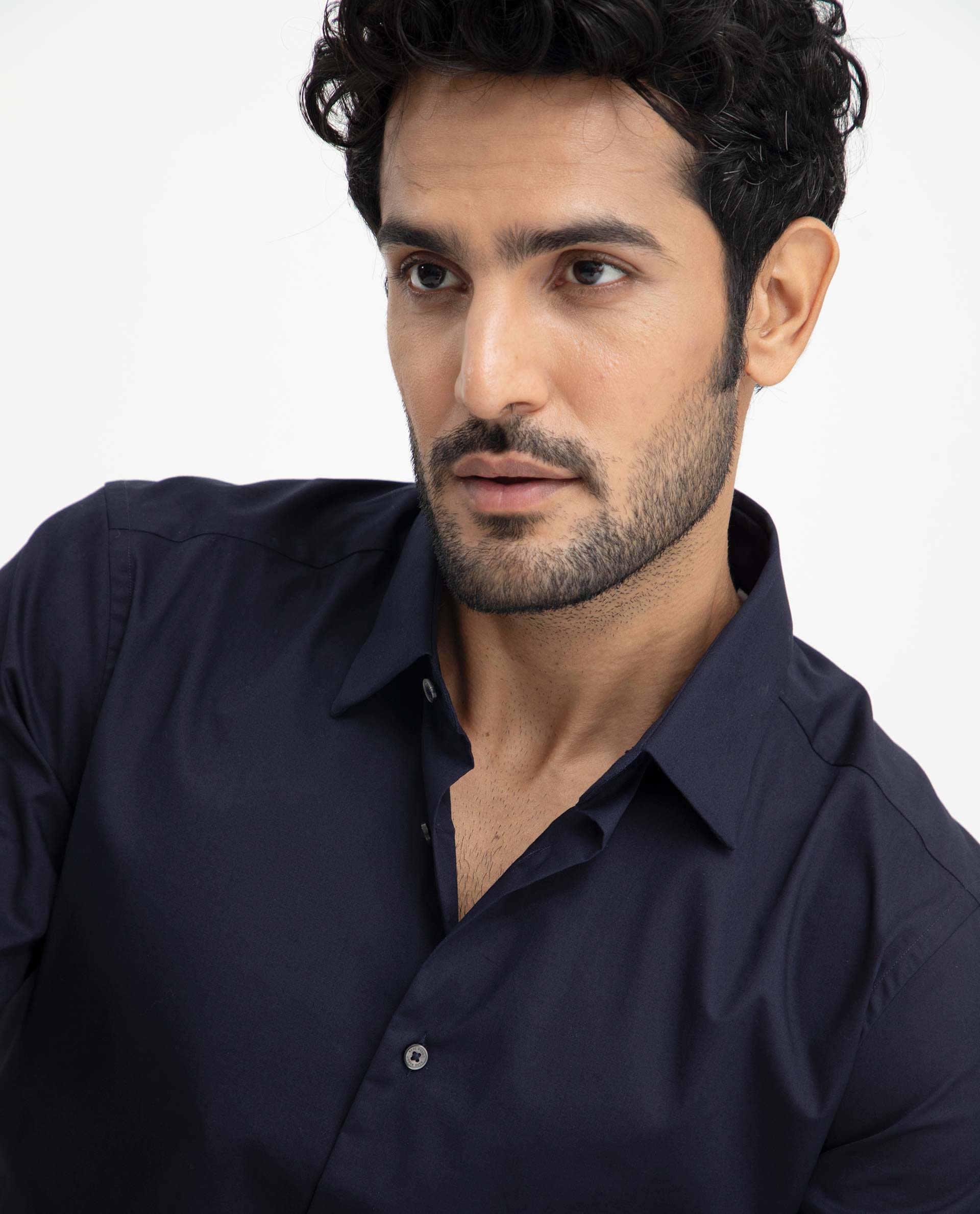 Rare Rabbit Men's Neutons Navy Cotton Lycra Fabric Full Sleeves Solid Shirt