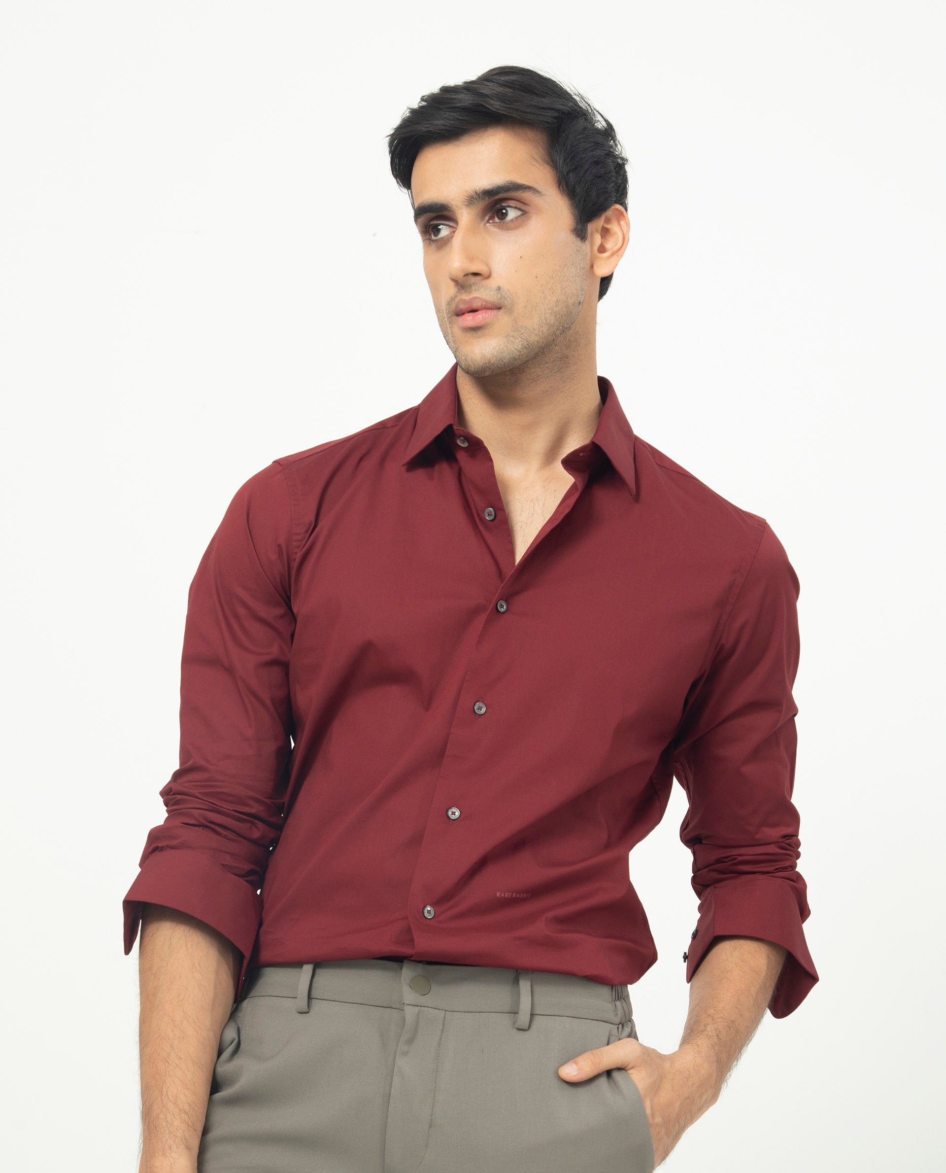 Rare Rabbit Men's Neutons Maroon Cotton Lycra Fabric Full Sleeves Solid Shirt