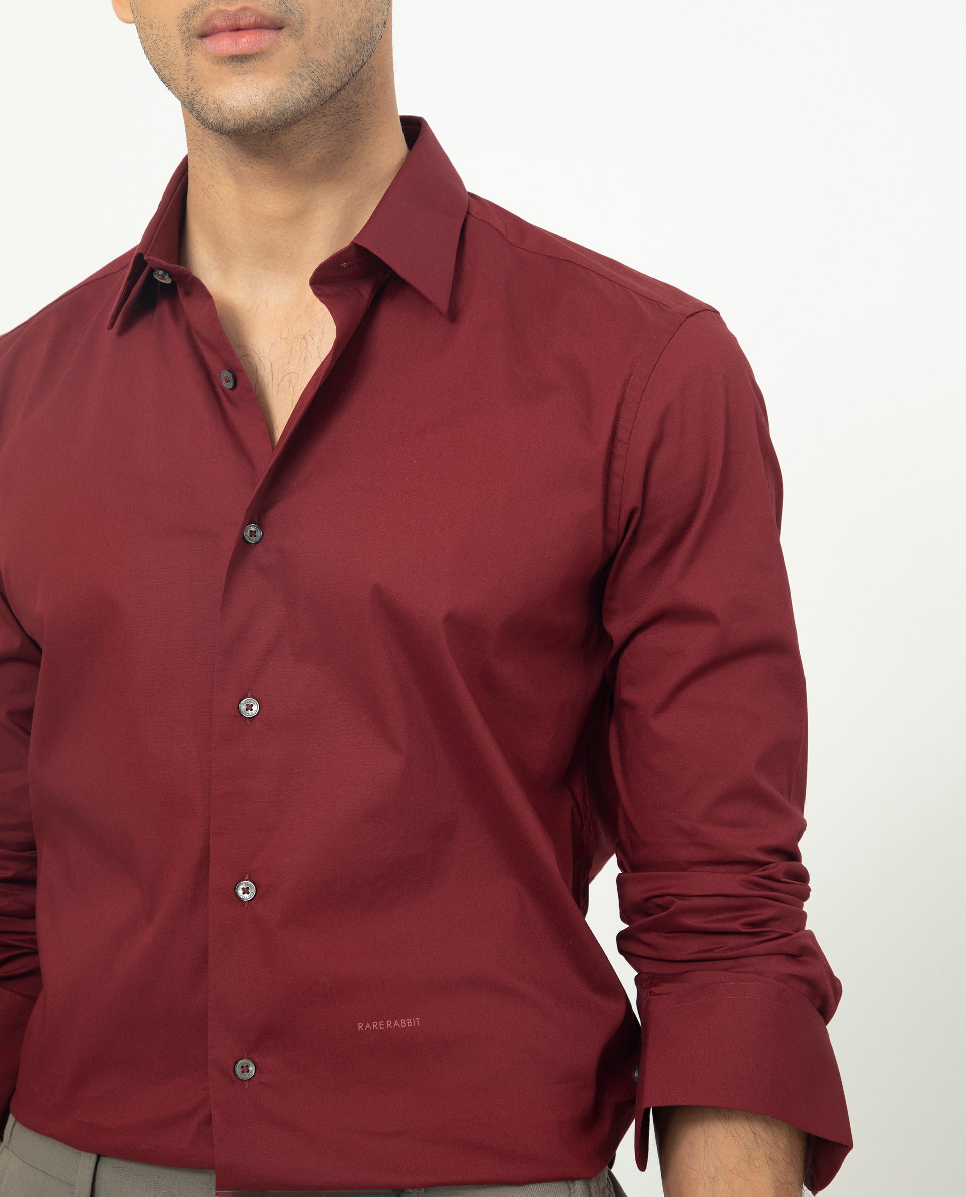 Rare Rabbit Men's Neutons Maroon Cotton Lycra Fabric Full Sleeves Solid Shirt