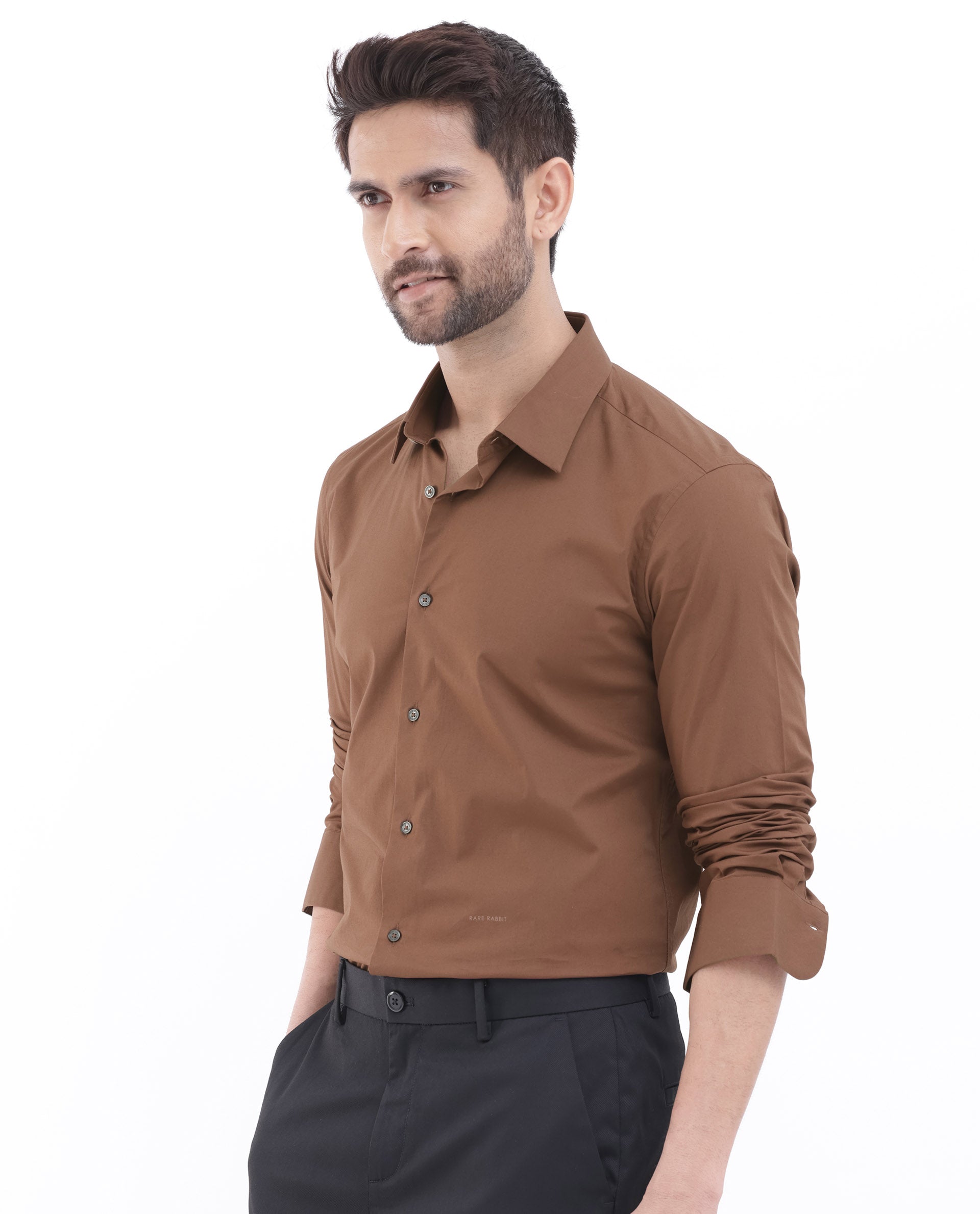 Rare Rabbit Men's Neutron-8 Brown Cotton Polyester Fabric Full Sleeves Solid Shirt