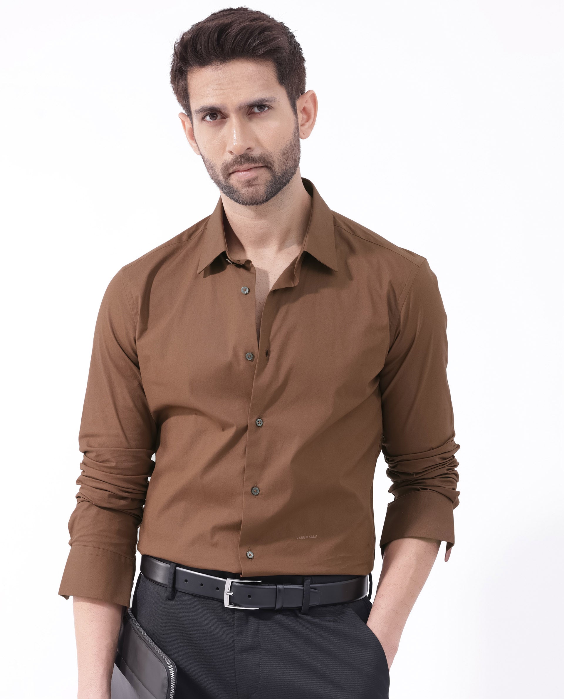 Rare Rabbit Men's Neutron-8 Brown Cotton Polyester Fabric Full Sleeves Solid Shirt