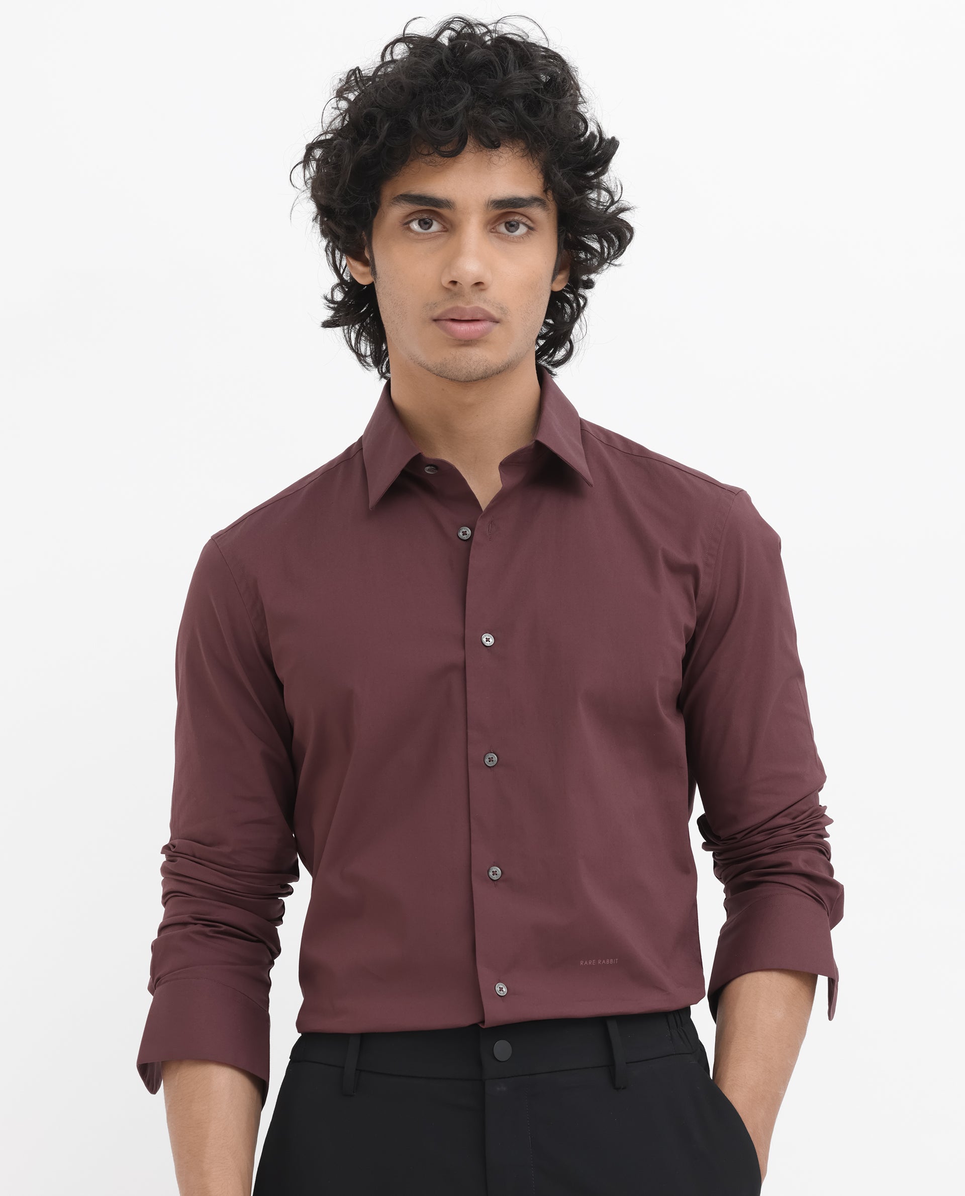 Rare Rabbit Men's Neutron-8 Dark Maroon Cotton Polyester Fabric Full Sleeves Solid Shirt