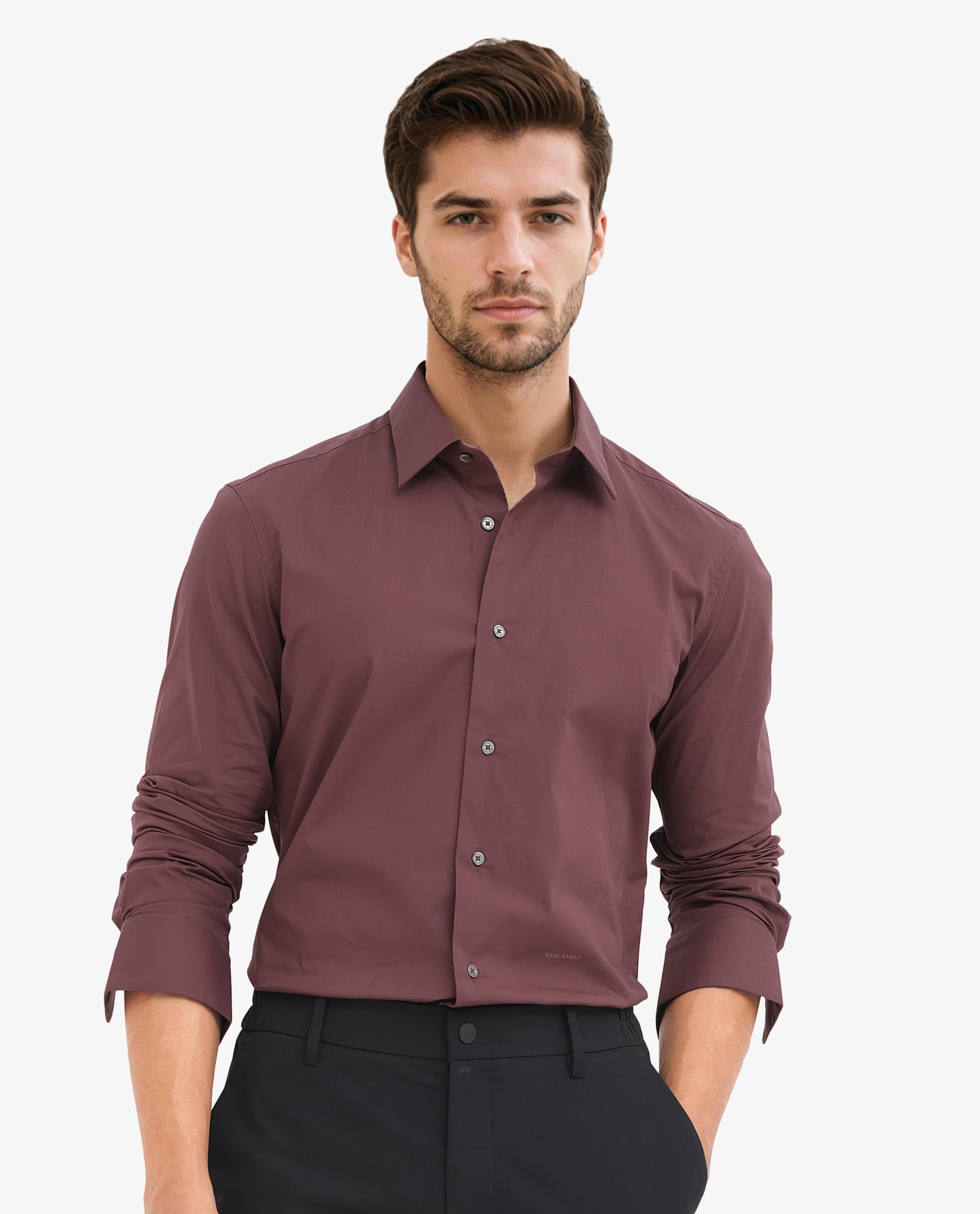 Rare Rabbit Men's Neutron-8 Dark Maroon Cotton Polyester Fabric Full Sleeves Solid Shirt