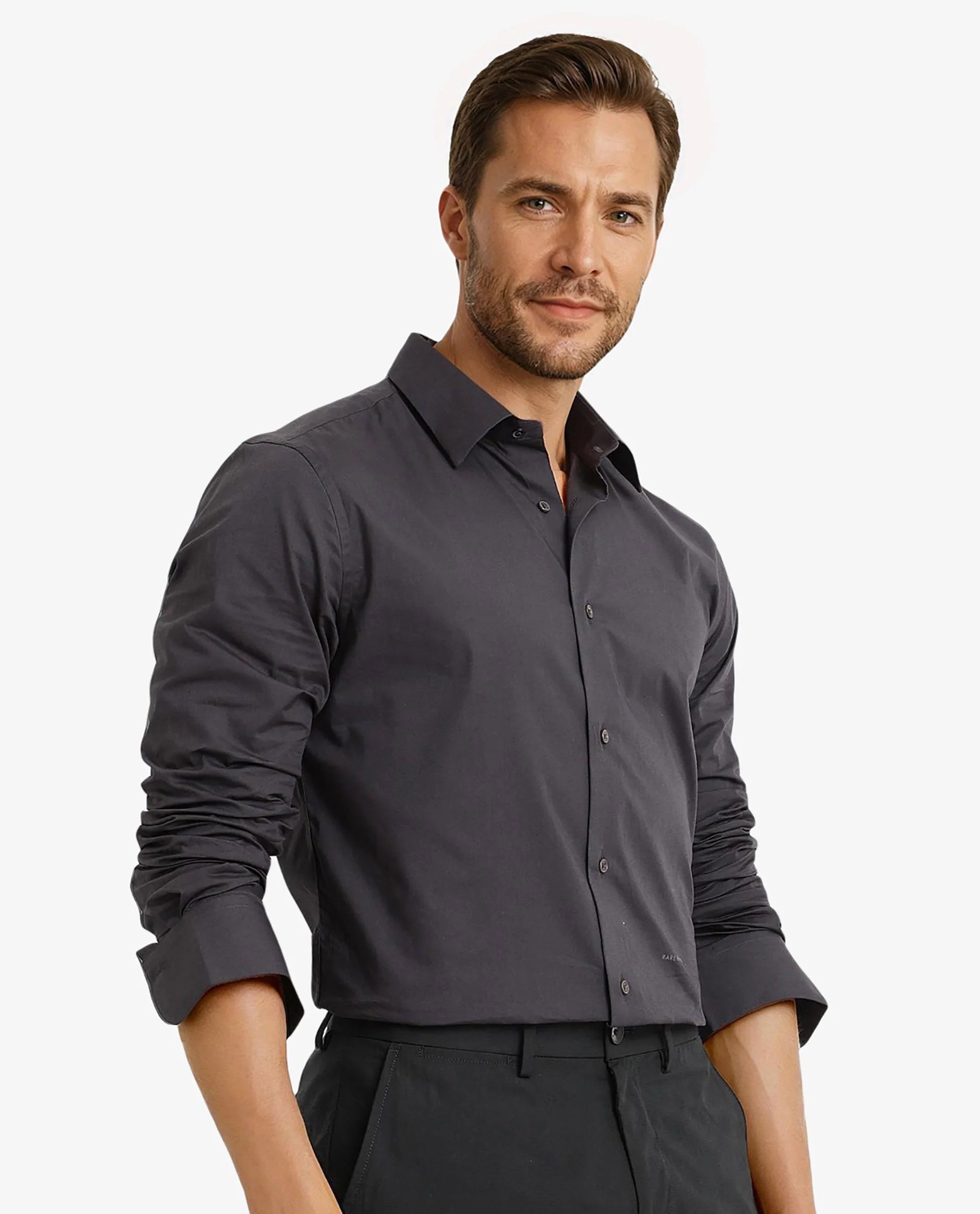 Rare Rabbit Men Neutron-9 Dark Grey Cotton Spandex Blend Fabric Full Sleeves Regular Fit Solid Shirt
