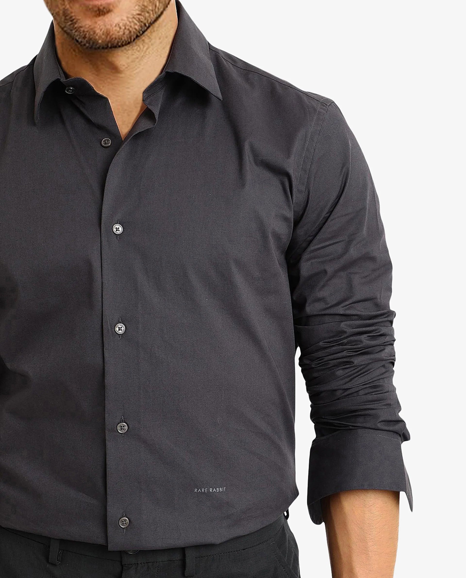 Rare Rabbit Men Neutron-9 Dark Grey Cotton Spandex Blend Fabric Full Sleeves Regular Fit Solid Shirt