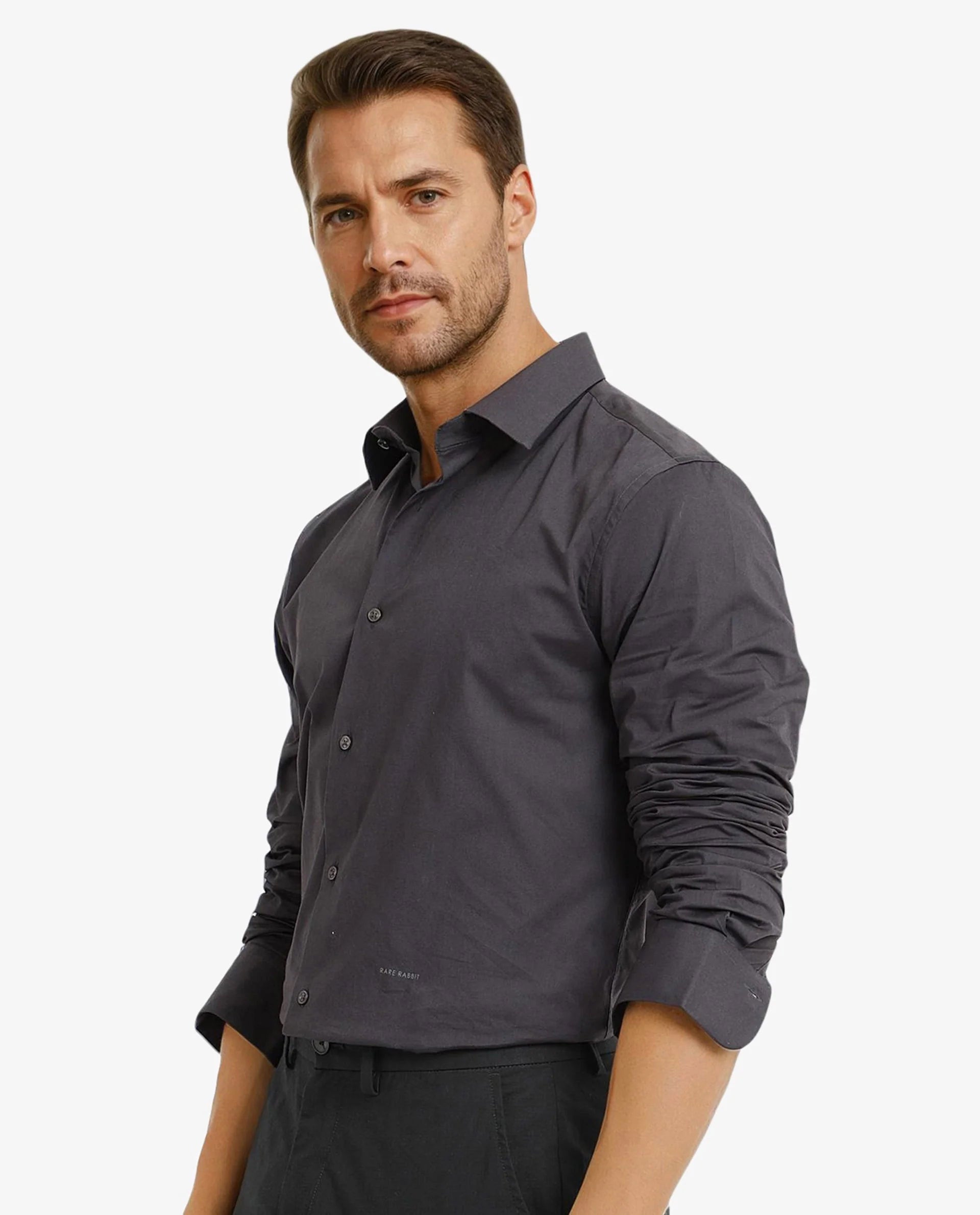 Rare Rabbit Men Neutron-9 Dark Grey Cotton Spandex Blend Fabric Full Sleeves Regular Fit Solid Shirt