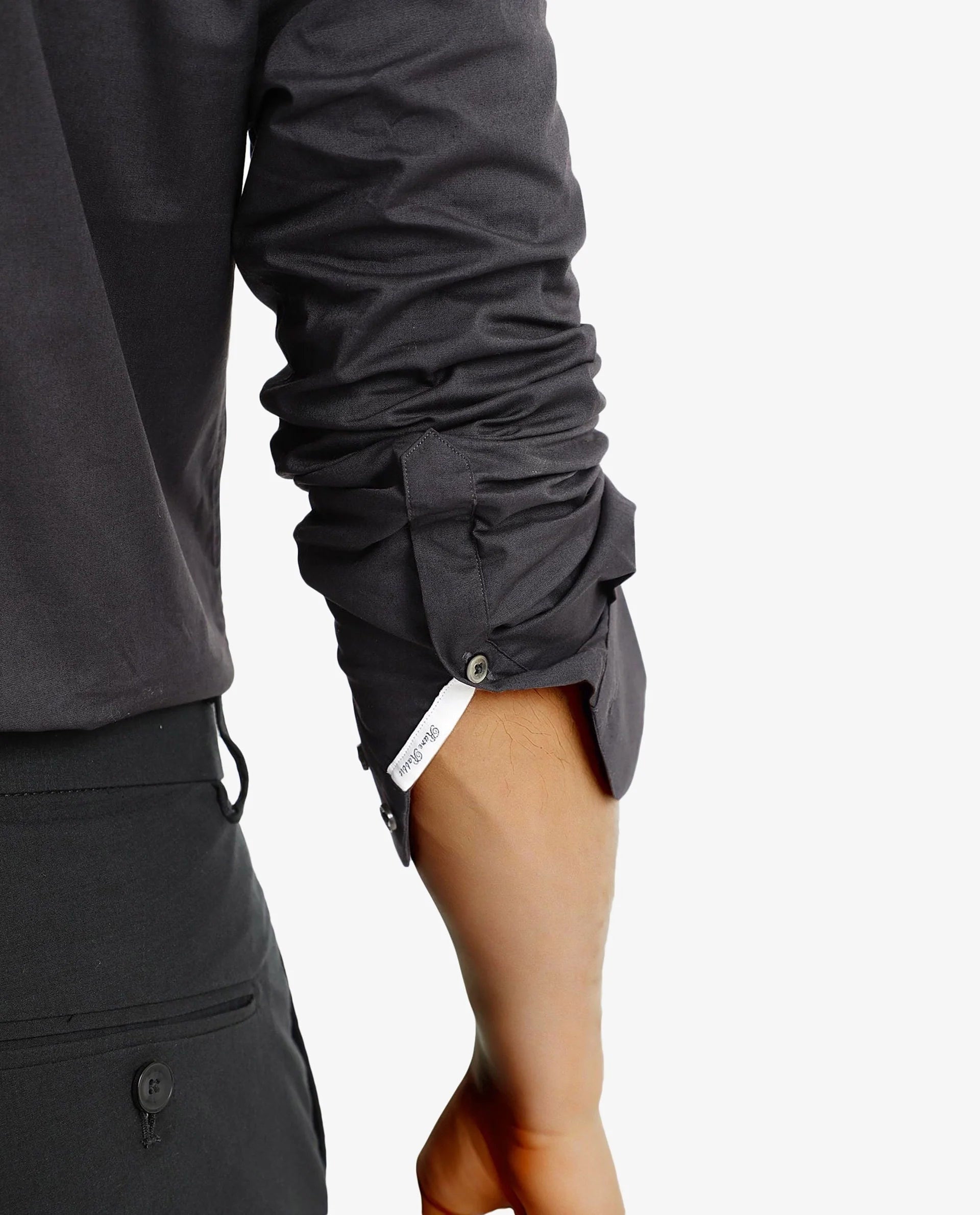 Rare Rabbit Men Neutron-9 Dark Grey Cotton Spandex Blend Fabric Full Sleeves Regular Fit Solid Shirt