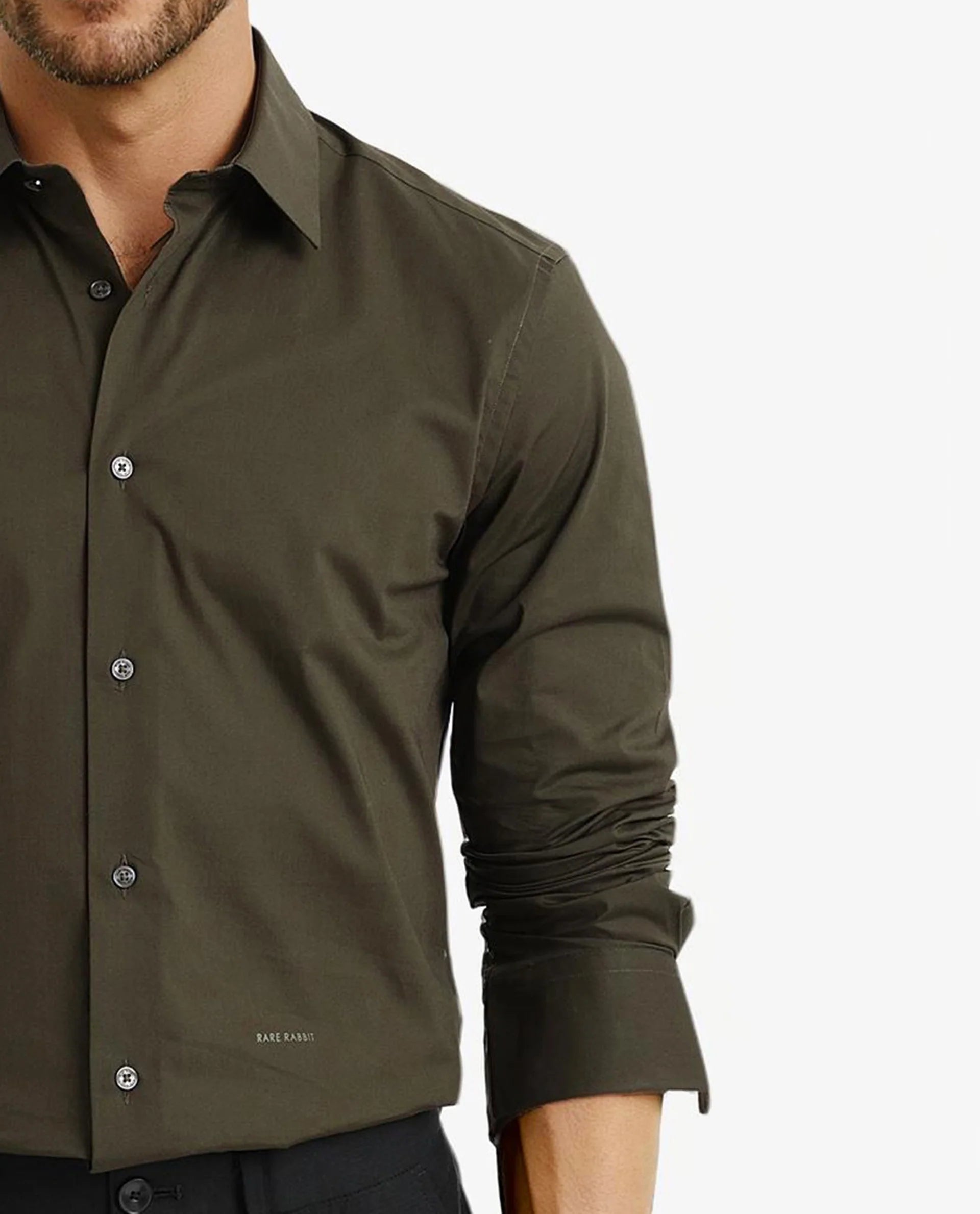 Rare Rabbit Men Neutron-9 Olive Cotton Fabric Full Sleeves Regular Fit Solid Shirt