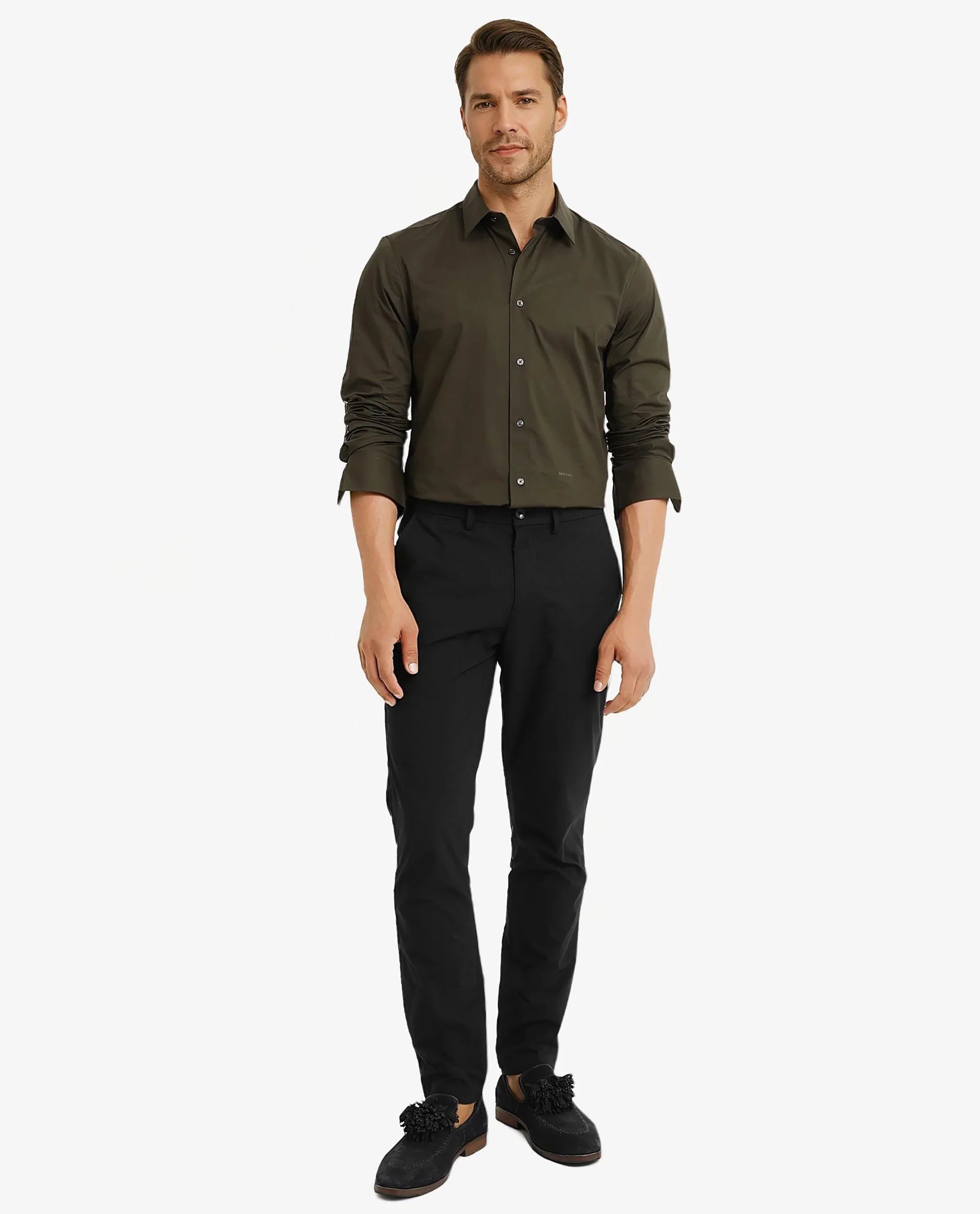 Rare Rabbit Men Neutron-9 Olive Cotton Fabric Full Sleeves Regular Fit Solid Shirt