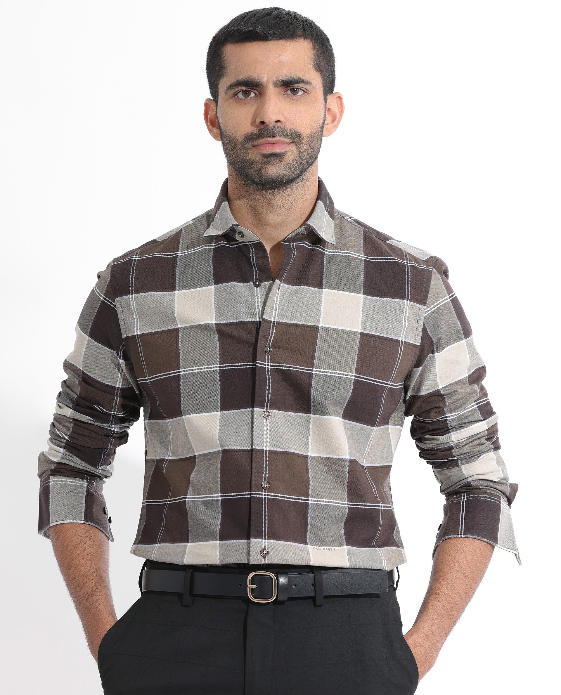 Rare Rabbit Men's Newton Dark Brown Cotton Fabric Full Sleeves Checks Shirt