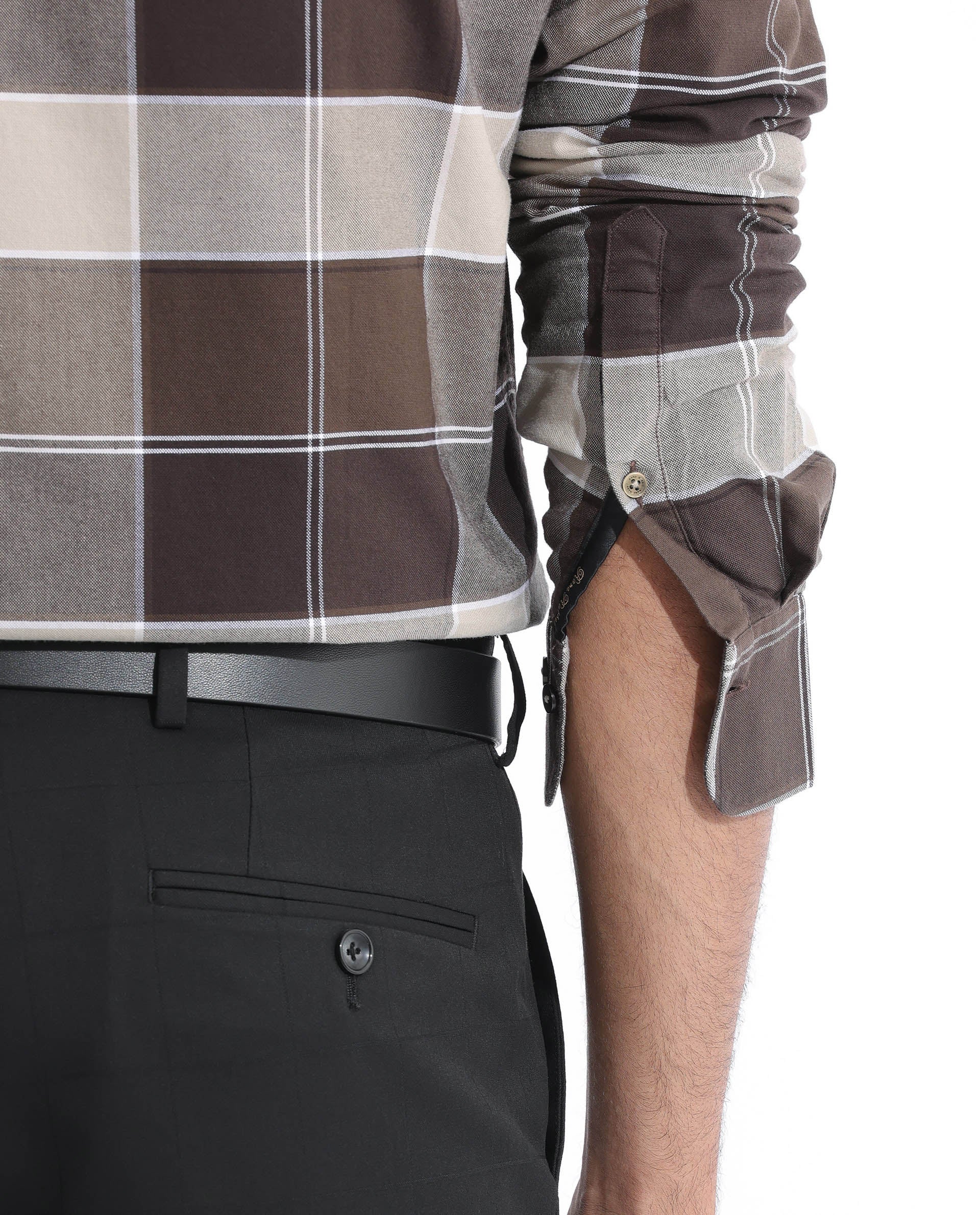 Rare Rabbit Men's Newton Dark Brown Cotton Fabric Full Sleeves Checks Shirt