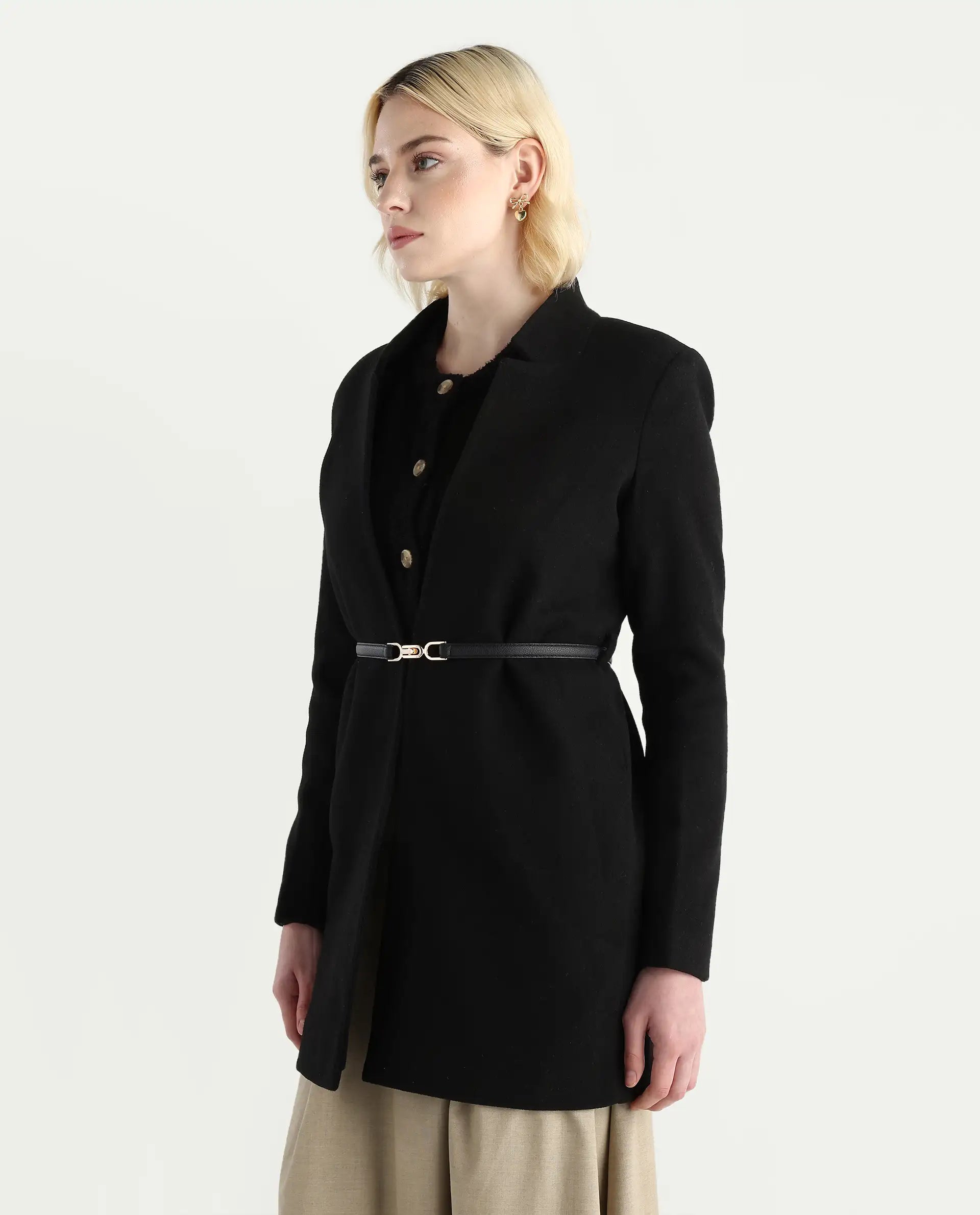 Rareism Women's Nexmario Black Polyester Blend Collared Neck Coat Fit Coat
