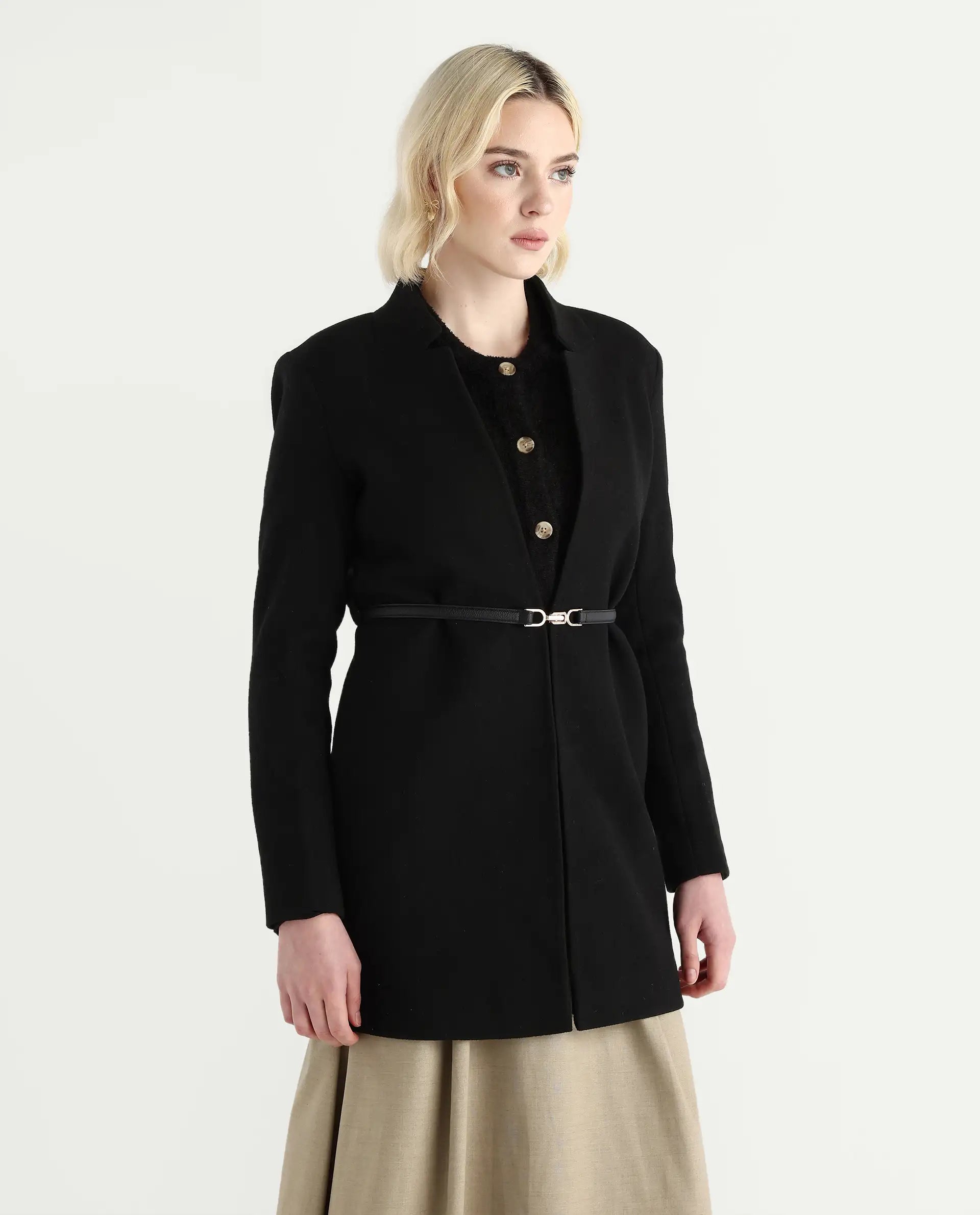 Rareism Women's Nexmario Black Polyester Blend Collared Neck Coat Fit Coat
