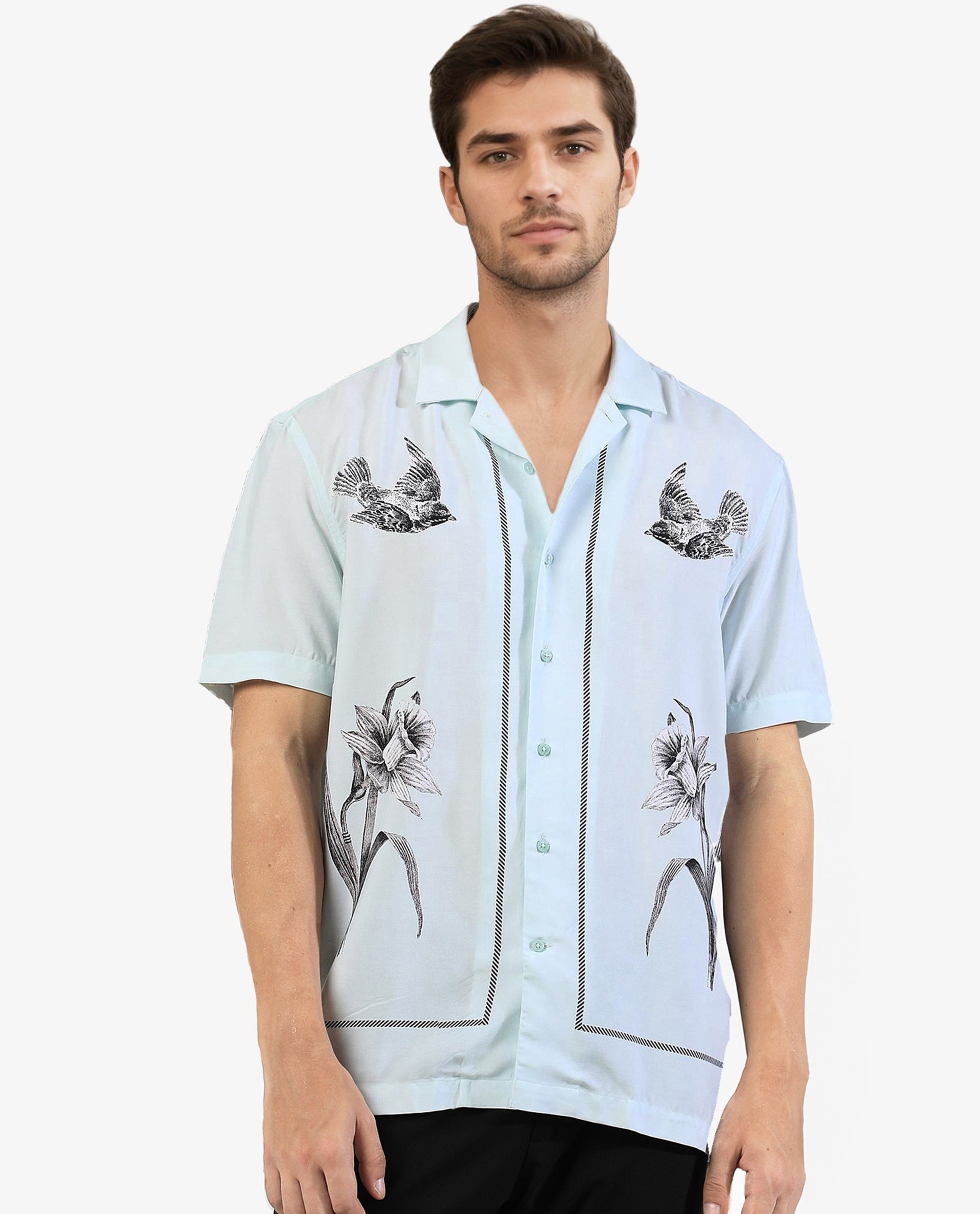 Rare Rabbit Men's Nicaro Turq Viscose Fabric Floral Print Half Sleeves Shirt