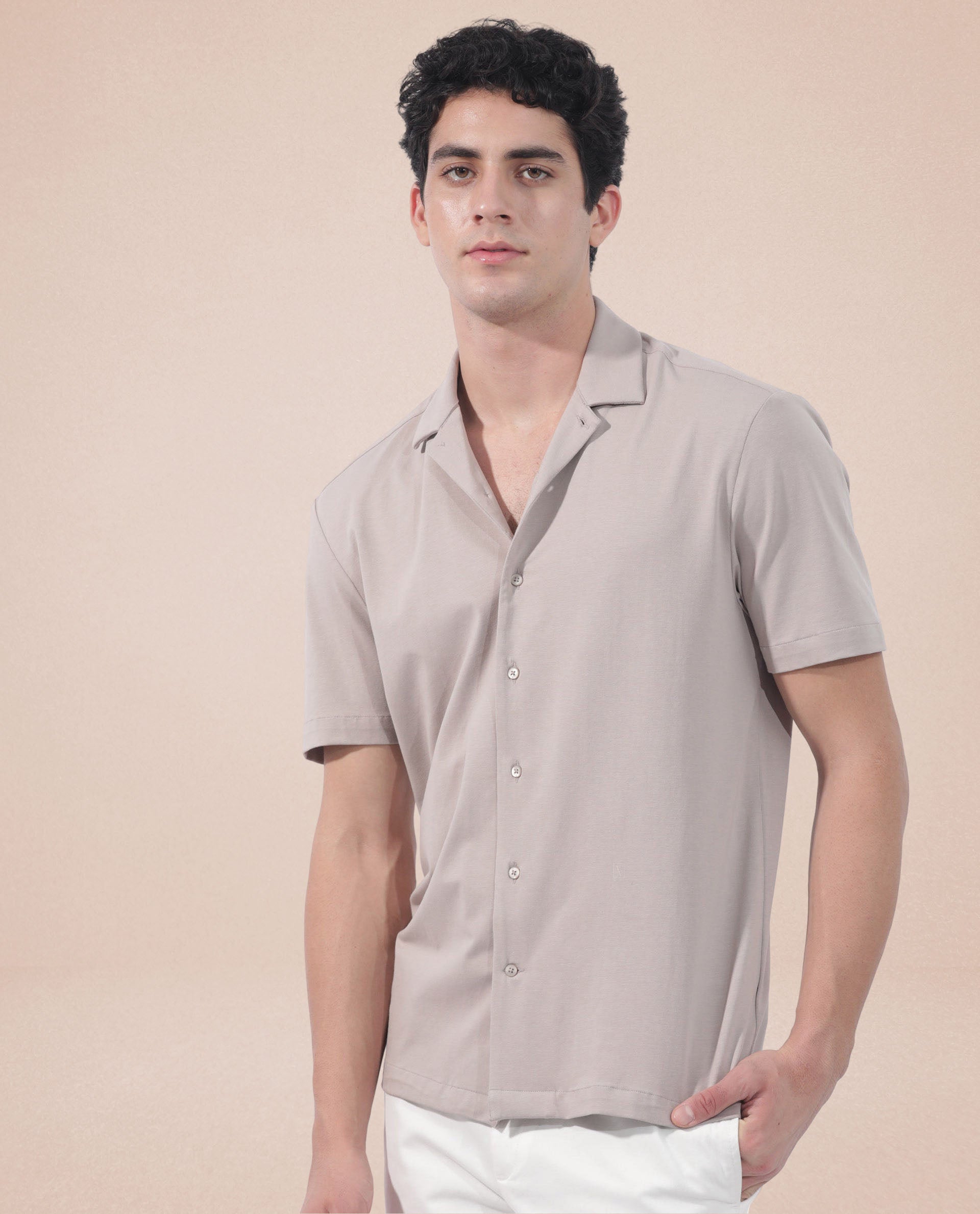 Rare Rabbit Men's Nick Beige Cotton Lycra Fabric Cuban Collar Half Sleeves Solid Shirt