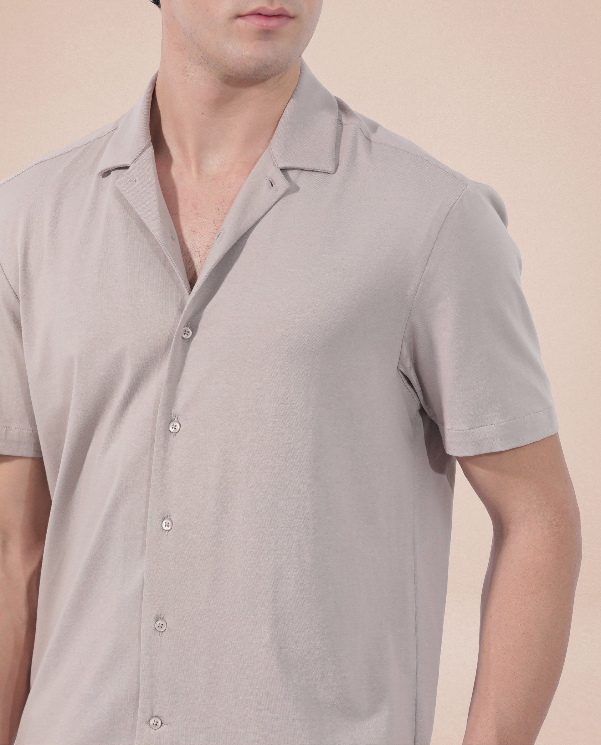 Rare Rabbit Men's Nick Beige Cotton Lycra Fabric Cuban Collar Half Sleeves Solid Shirt