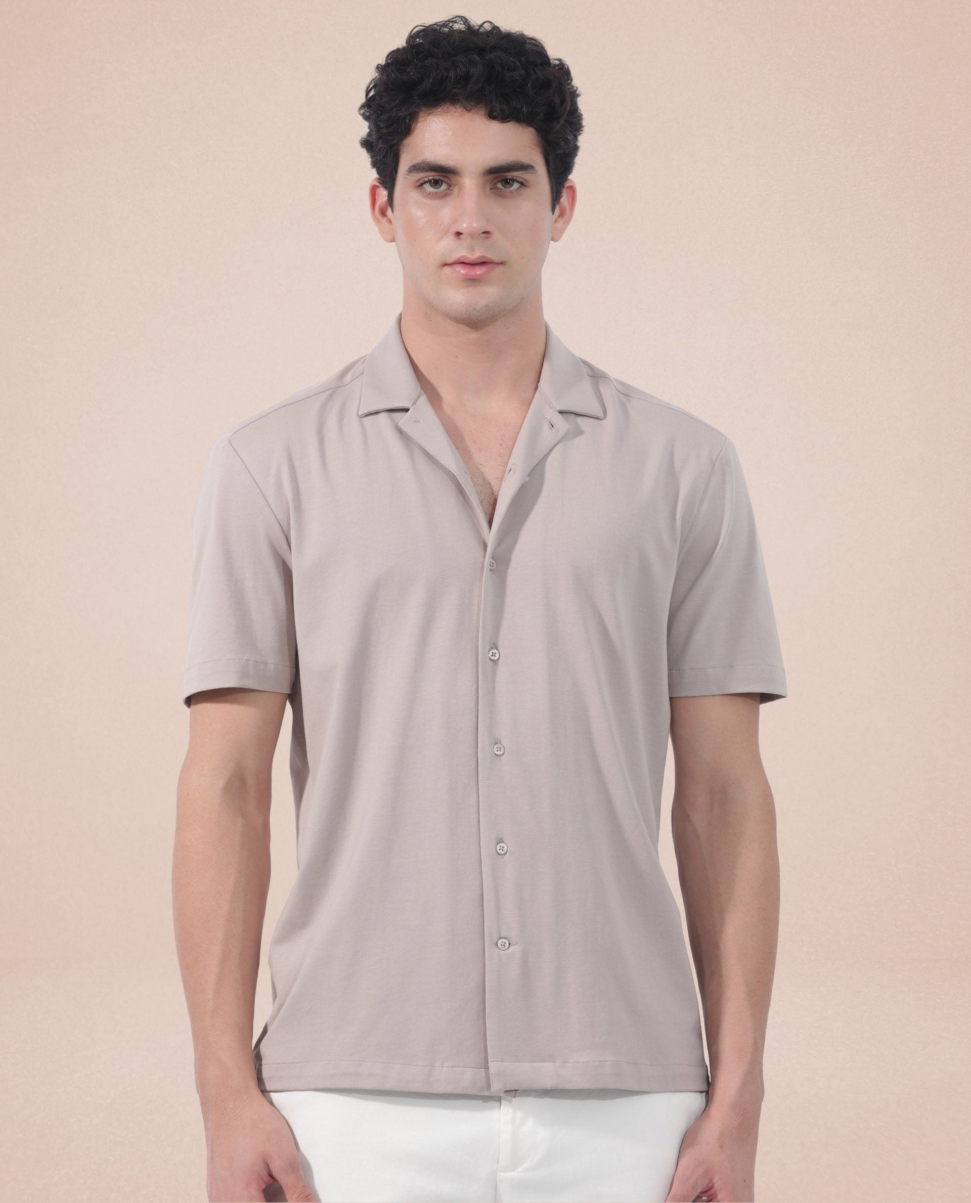 Rare Rabbit Men's Nick Beige Cotton Lycra Fabric Cuban Collar Half Sleeves Solid Shirt